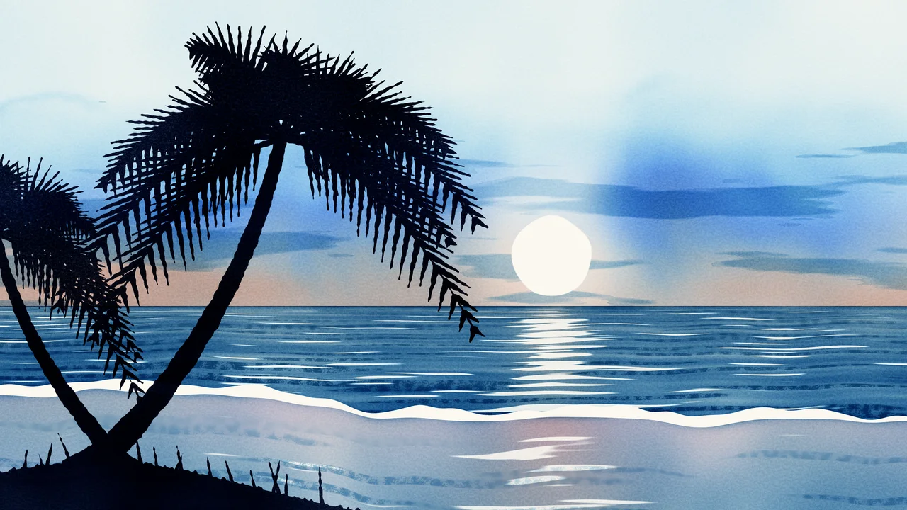 Light Blue Watercolor Palm Tree Beach Sunset desktop wallpaper in 4K