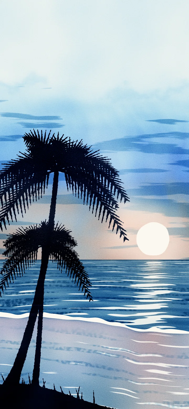 Light Blue Watercolor Palm Tree Beach Sunset wallpaper for iPhone and Android