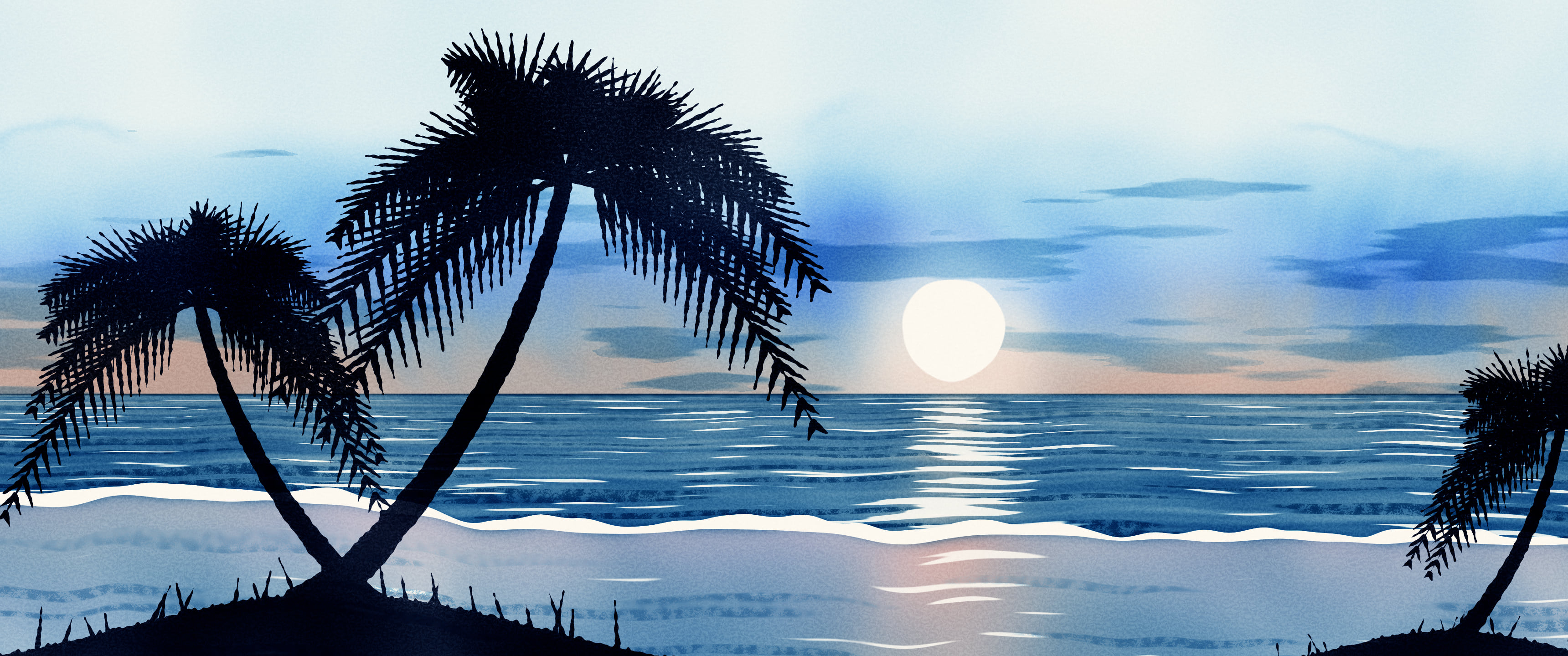 Light Blue Watercolor Palm Tree Beach Sunset ultrawide wallpaper, 3440 × 1440