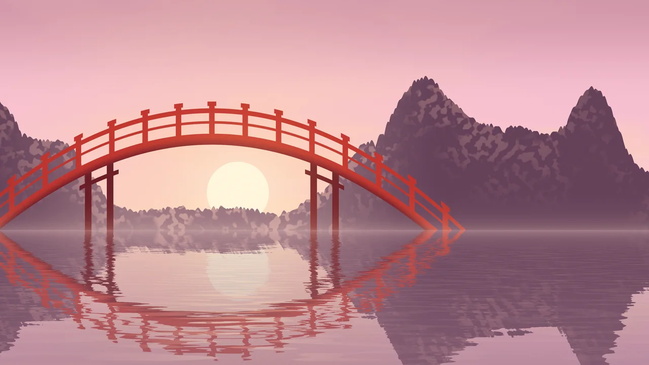 Light Pink Japanese Garden Bridge desktop wallpaper in 4K