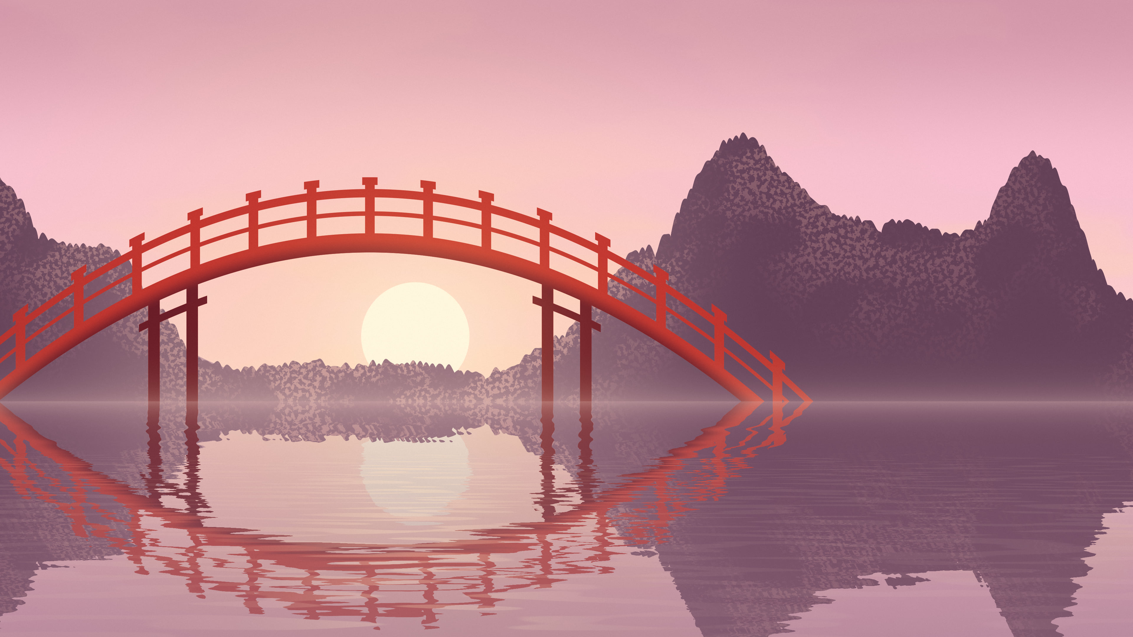 Light Pink Japanese Garden Bridge desktop wallpaper in 4K