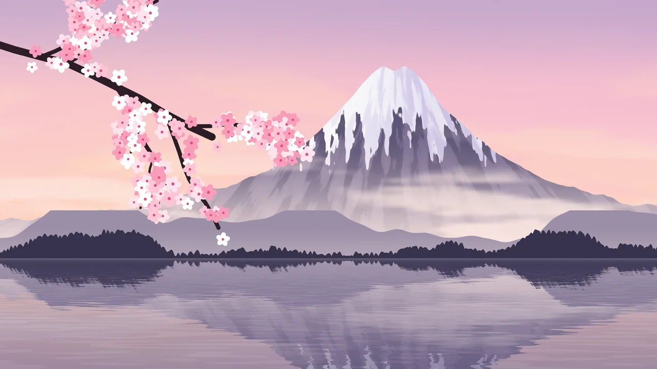 Light Pink Japanese Mountain and Cherry Blossom desktop wallpaper in 4K