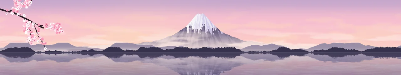 Light Pink Japanese Mountain and Cherry Blossom triple monitor wallpaper, 7680 × 1440