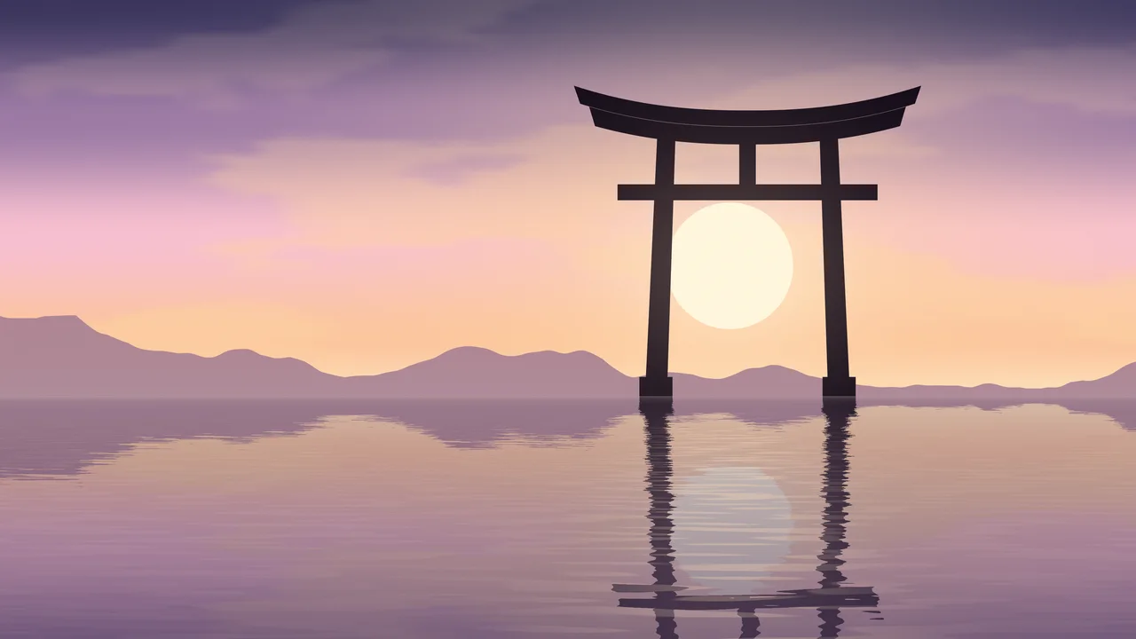 Light Pink Japanese Torii Gate Sunset desktop wallpaper in 4K