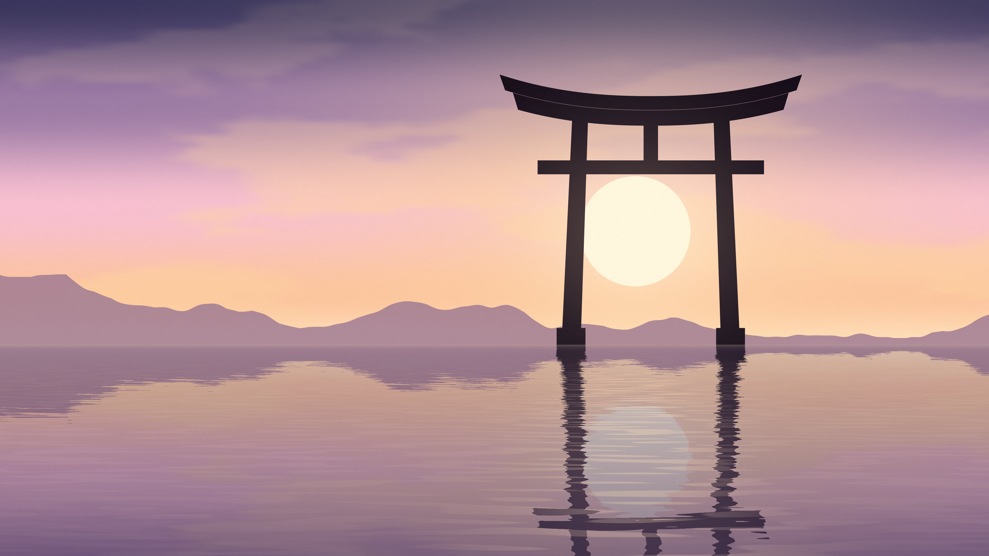 Light Pink Japanese Torii Gate Sunset desktop wallpaper in 4K