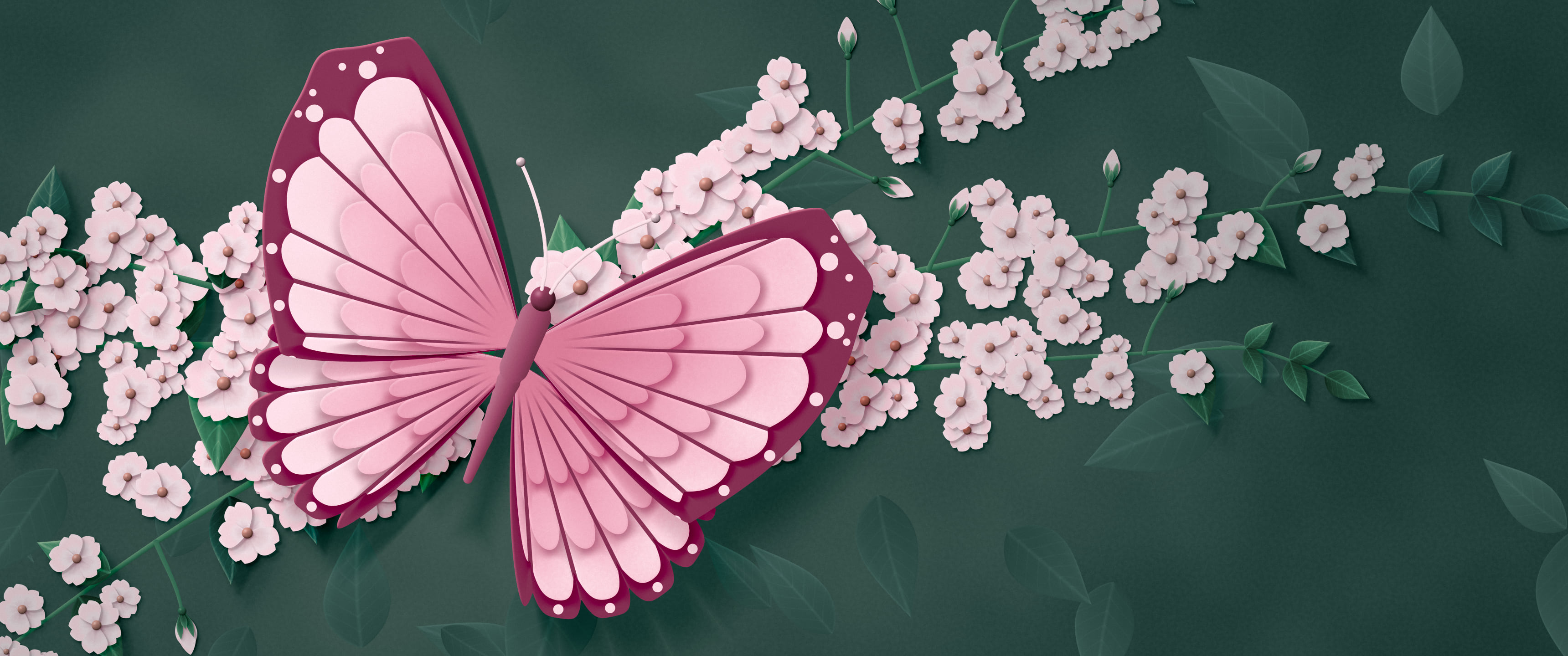 Light Pink Paper Butterfly ultrawide wallpaper, 3440 × 1440