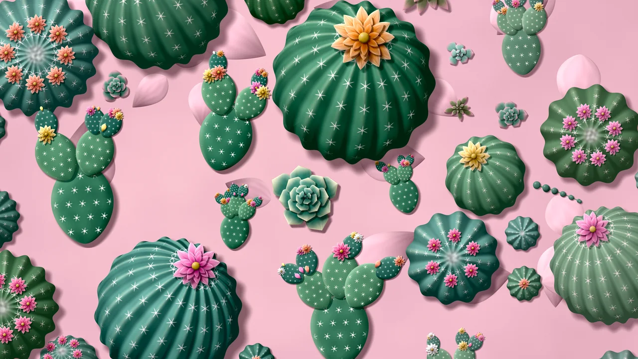 Light Pink Paper Cactus and Succulents desktop wallpaper in 4K