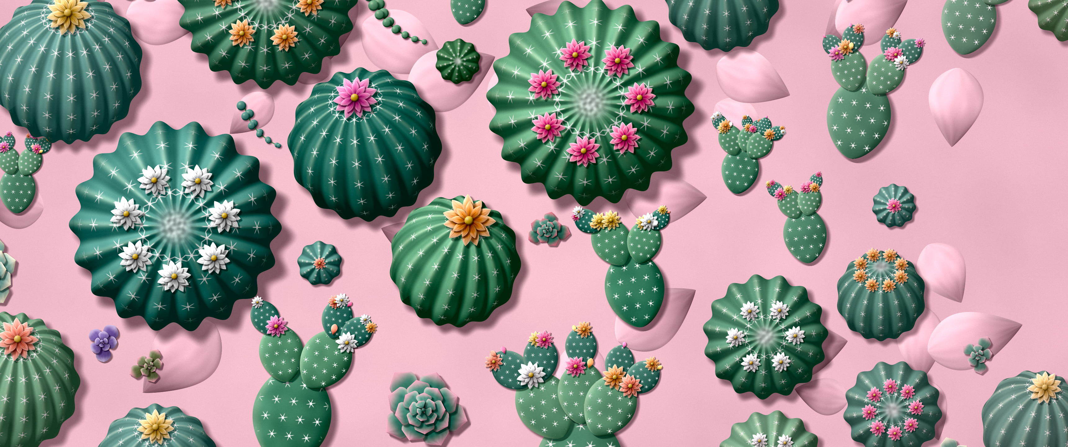 Light Pink Paper Cactus and Succulents ultrawide wallpaper, 3440 × 1440
