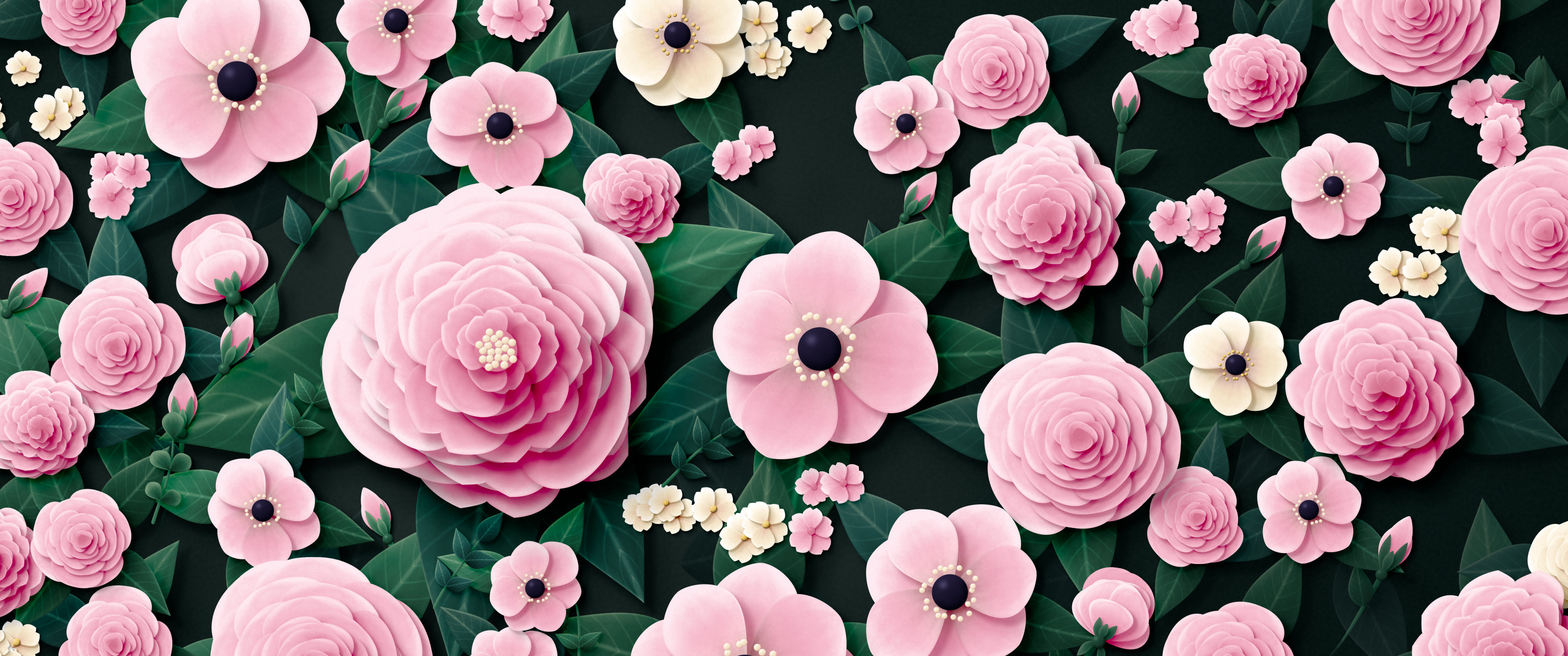 Light Pink Paper Flower Garden ultrawide wallpaper, 3440 × 1440