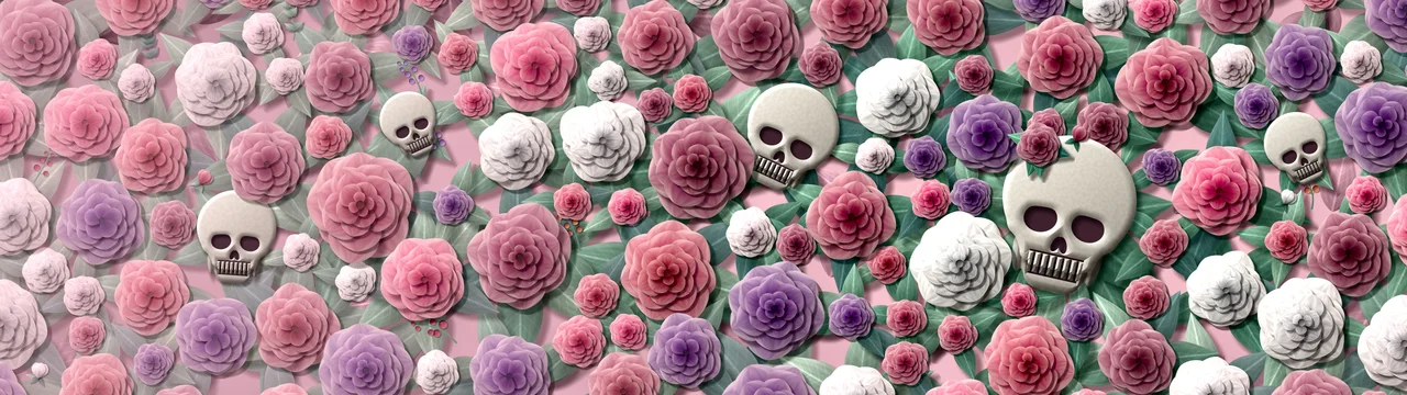 Light Pink Paper Skulls and Roses dual monitor wallpaper, 7680 × 2160