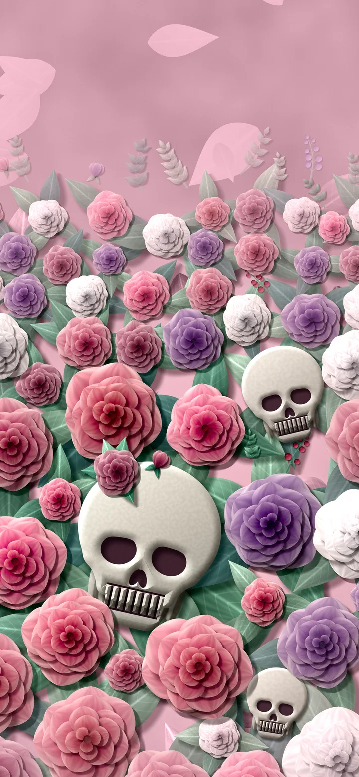 Light Pink Paper Skulls and Roses wallpaper for iPhone and Android