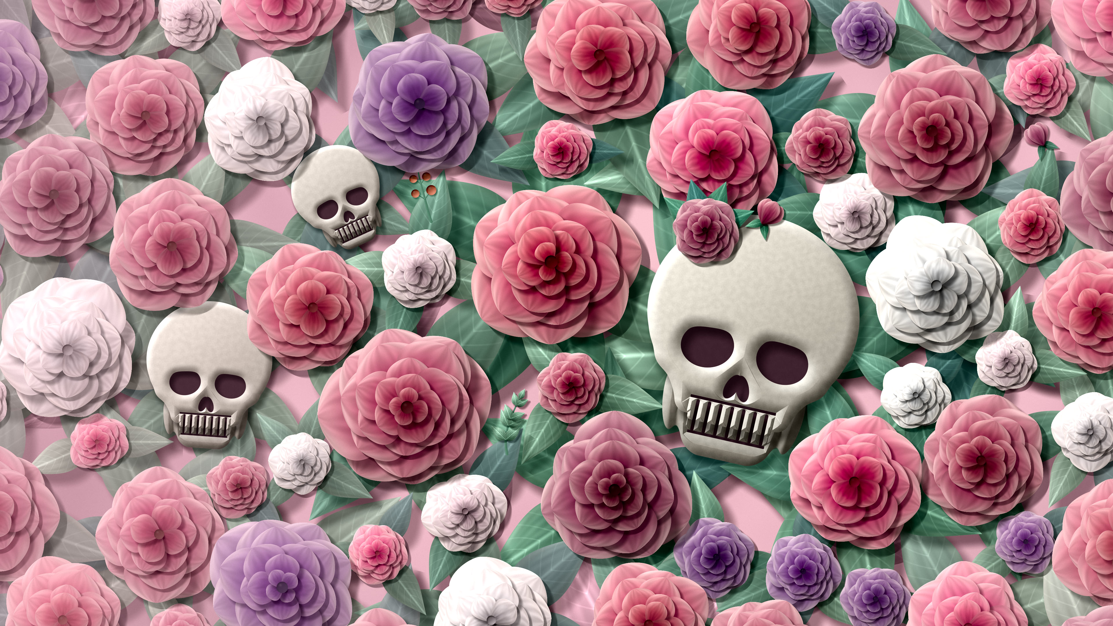 Light Pink Paper Skulls and Roses desktop wallpaper in 4K