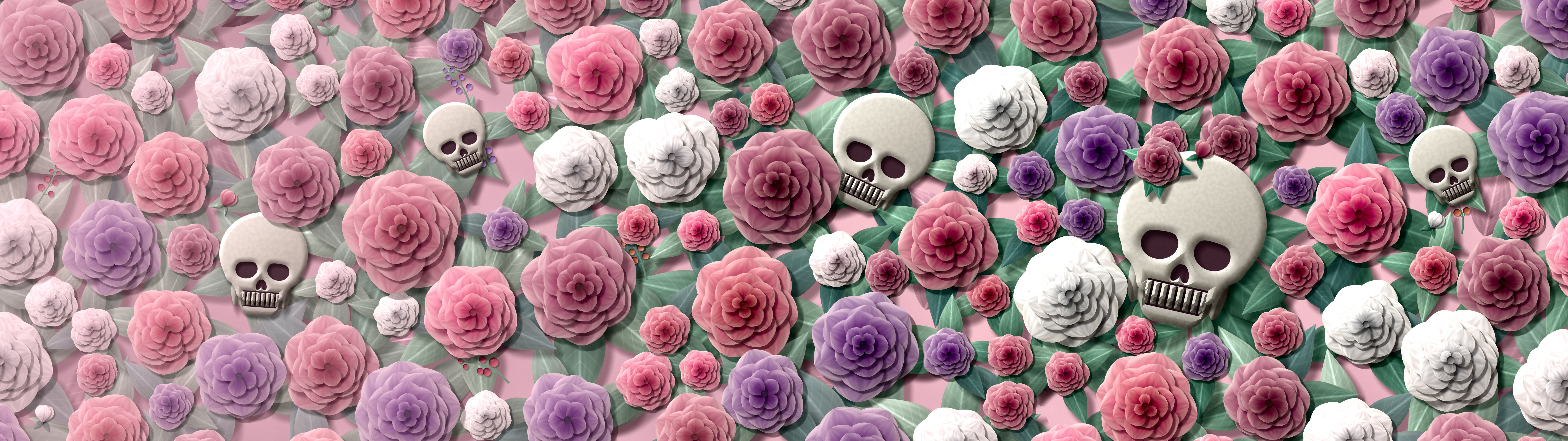 Light Pink Paper Skulls and Roses dual monitor wallpaper, 7680 × 2160