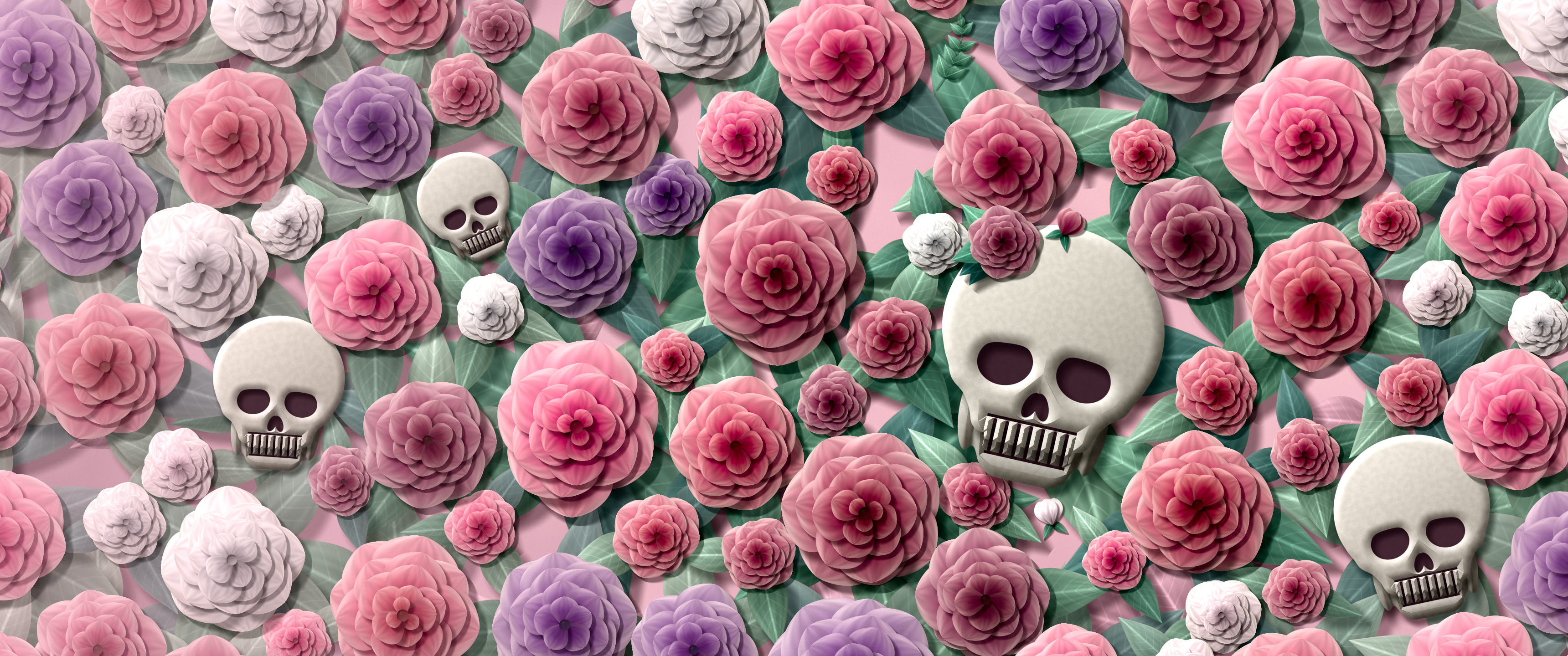 Light Pink Paper Skulls and Roses ultrawide wallpaper, 3440 × 1440