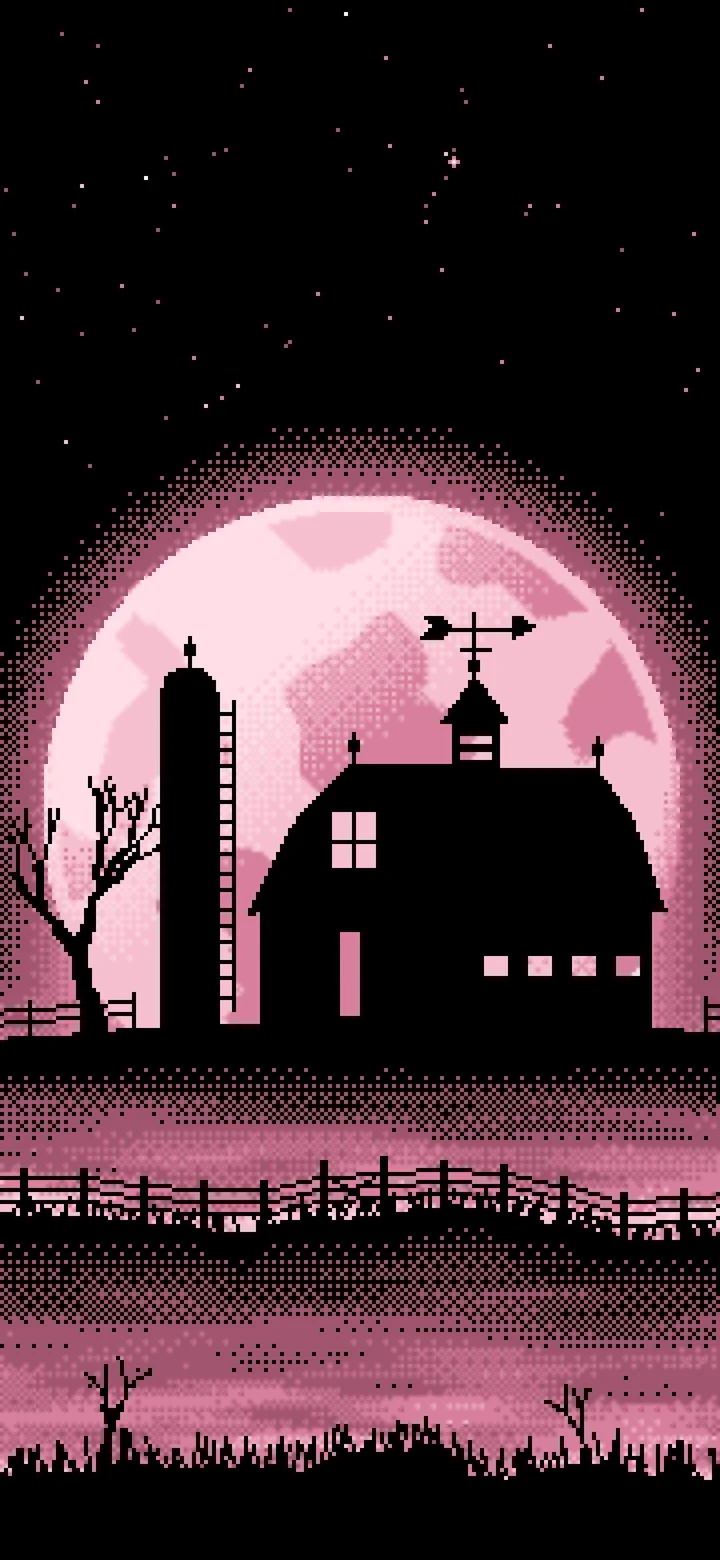 Light Pink Pixel Art Barn and Harvest Moon wallpaper for iPhone and Android