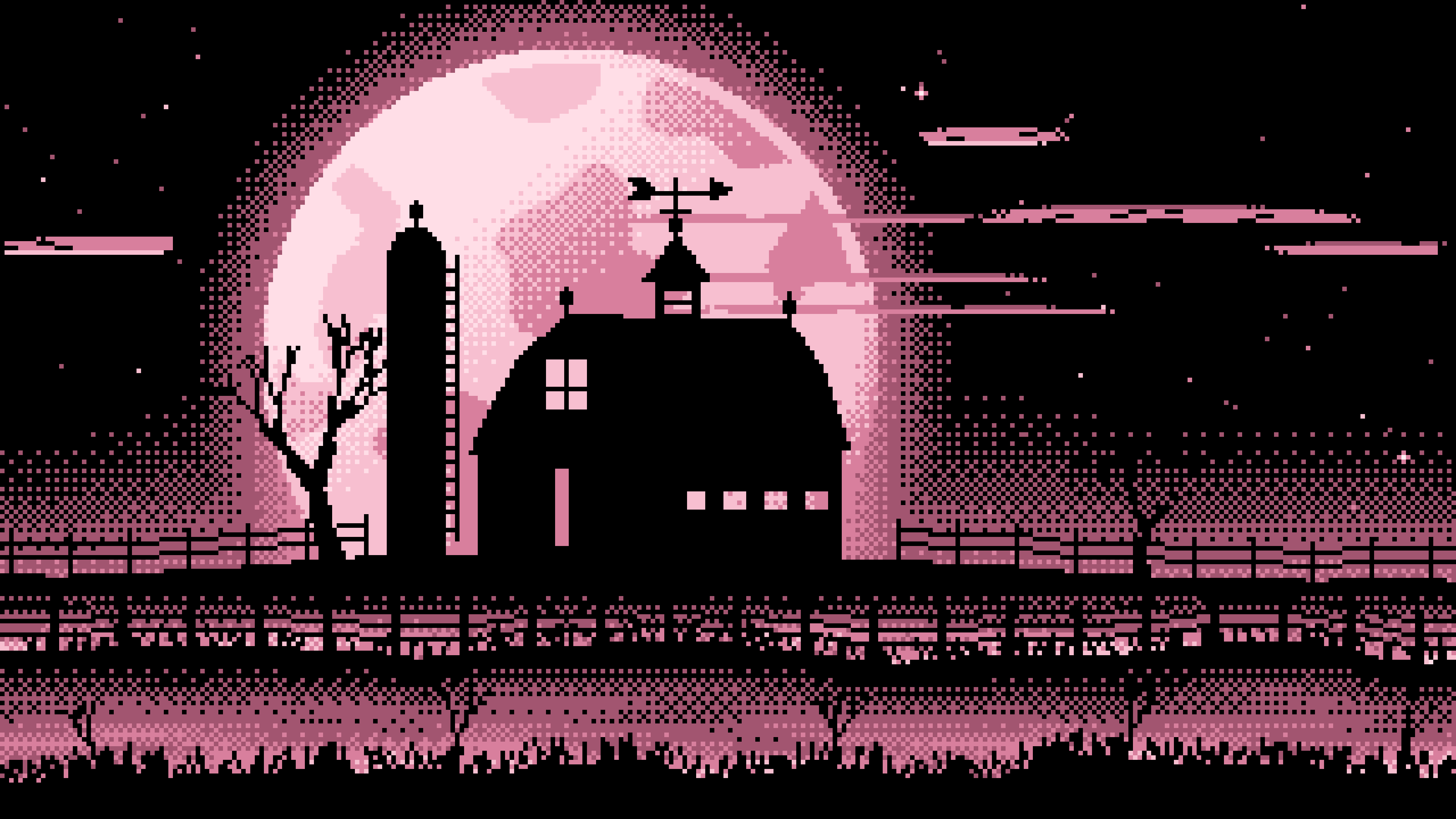 Light Pink Pixel Art Barn and Harvest Moon desktop wallpaper in 4K