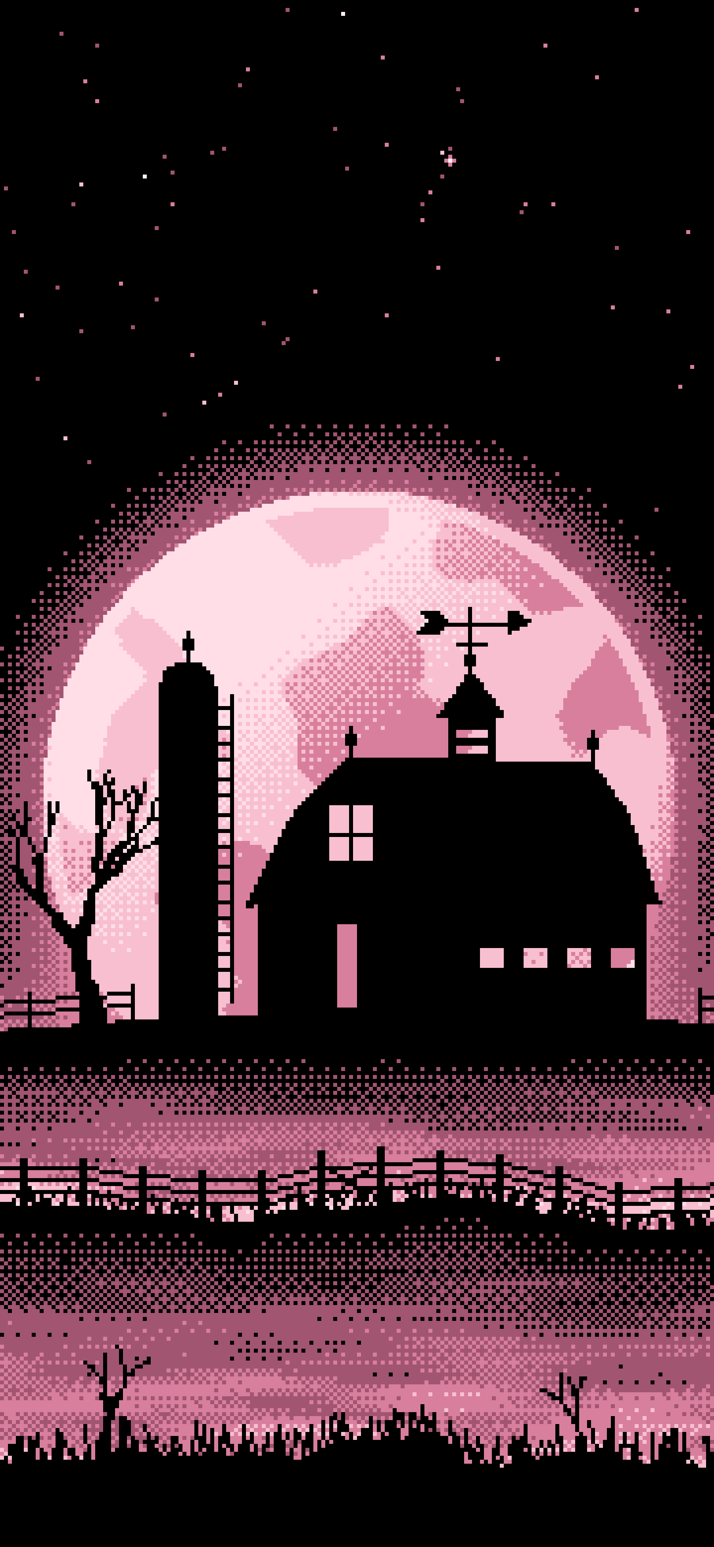 Light Pink Pixel Art Barn and Harvest Moon wallpaper for iPhone and Android