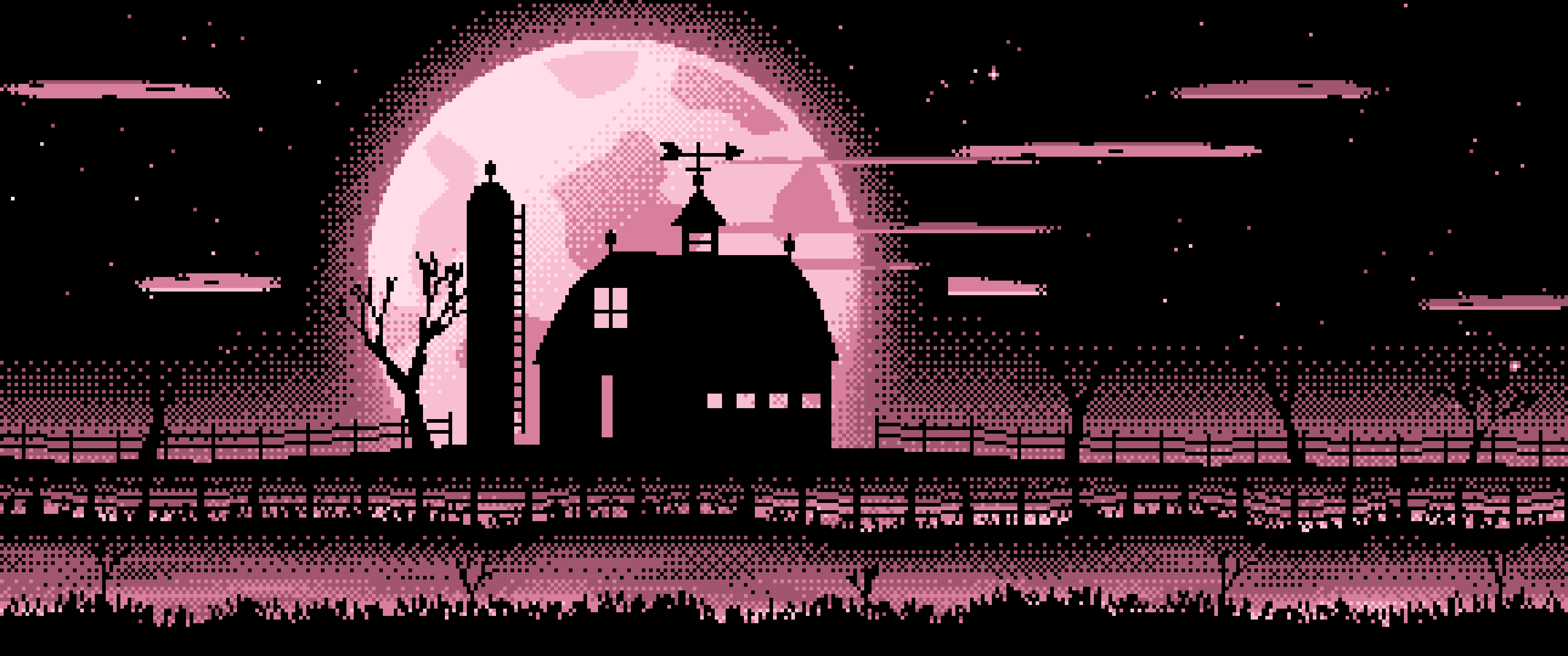 Light Pink Pixel Art Barn and Harvest Moon ultrawide wallpaper, 3440 × 1440