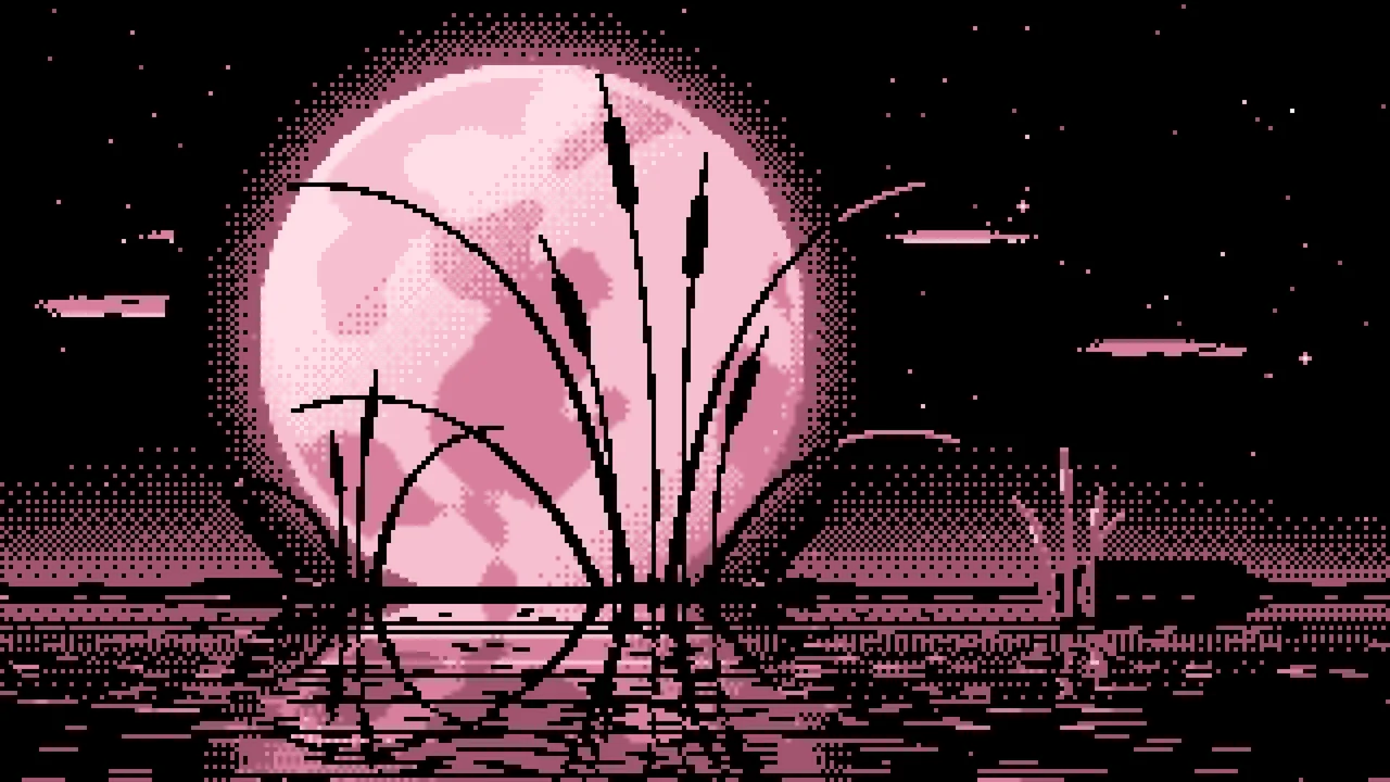 Light Pink Pixel Art Cattails and Full Moon desktop wallpaper in 4K