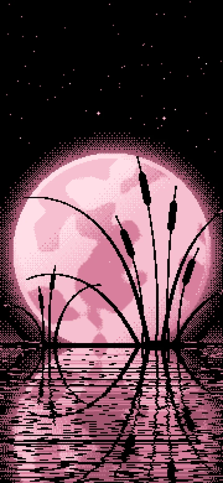 Light Pink Pixel Art Cattails and Full Moon wallpaper for iPhone and Android