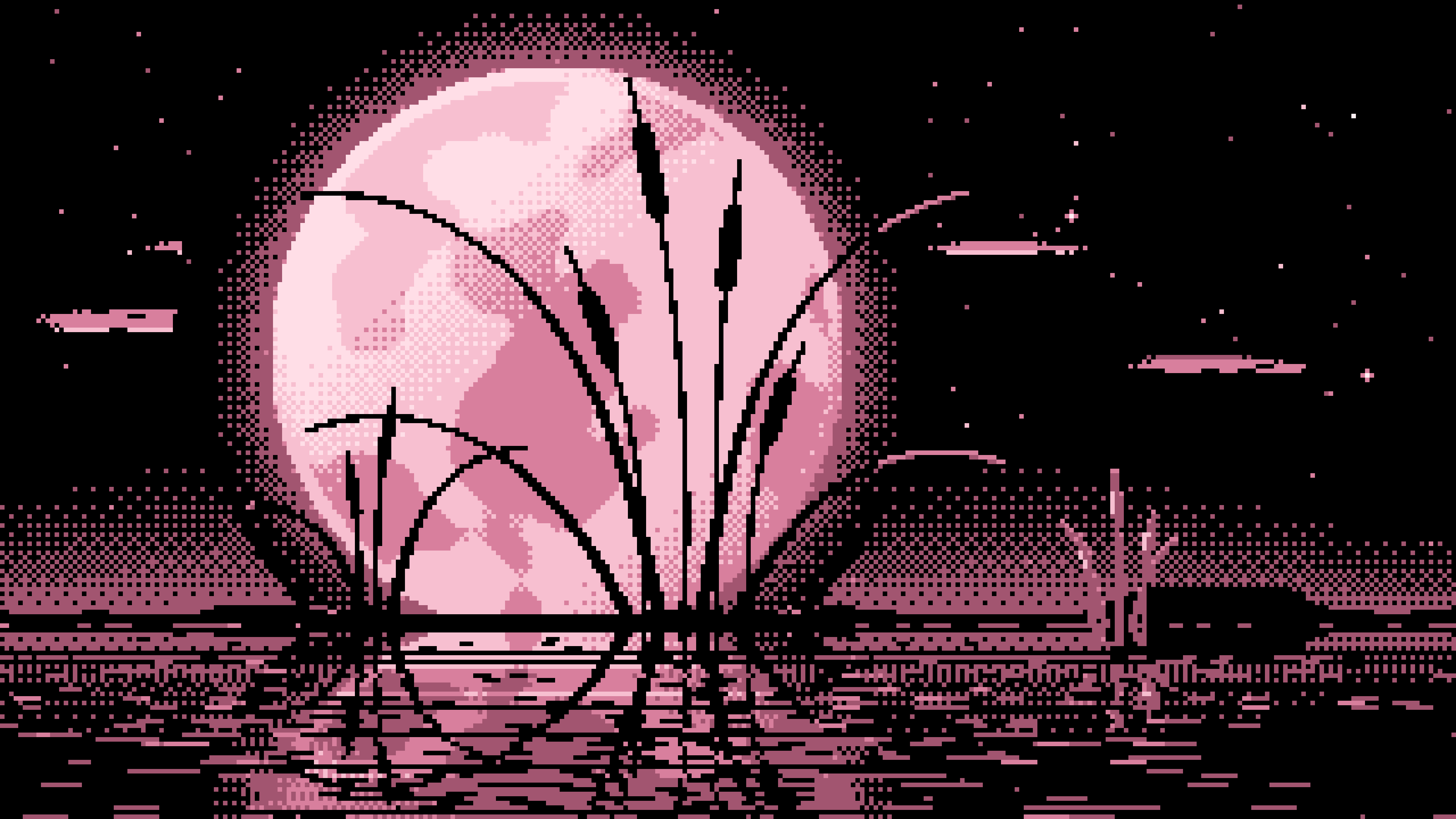 Light Pink Pixel Art Cattails and Full Moon desktop wallpaper in 4K