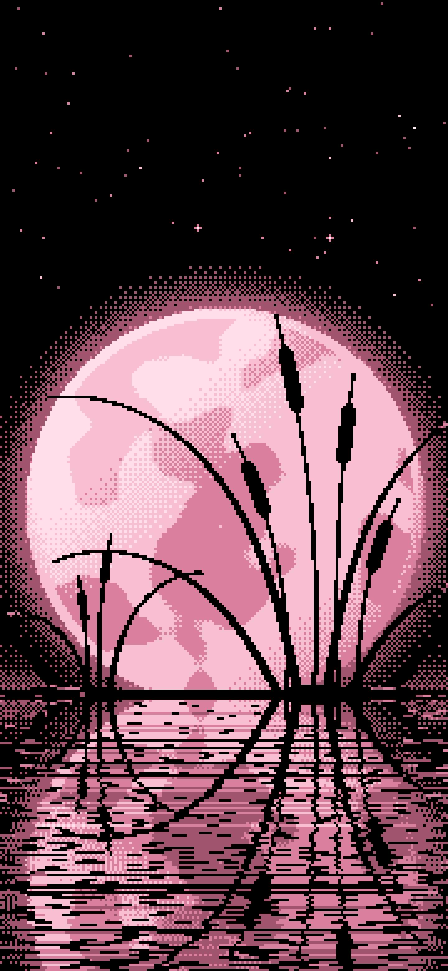 Light Pink Pixel Art Cattails and Full Moon wallpaper for iPhone and Android