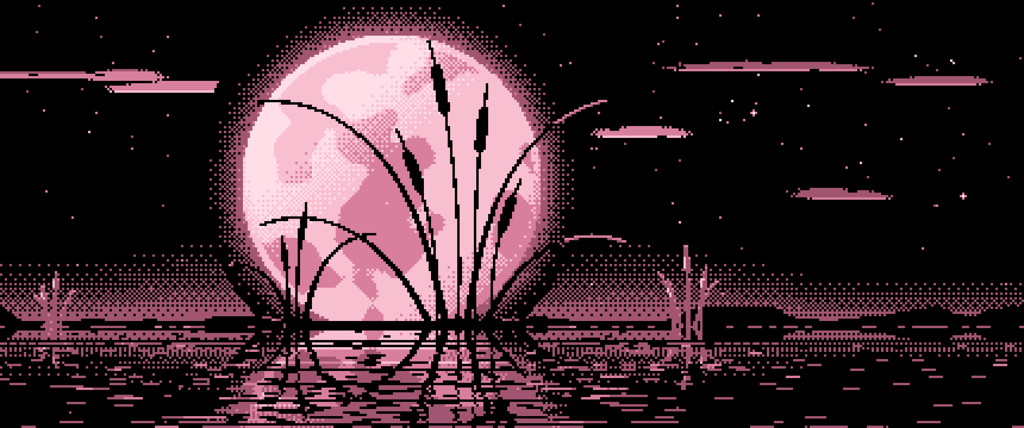 Light Pink Pixel Art Cattails and Full Moon ultrawide wallpaper, 3440 × 1440
