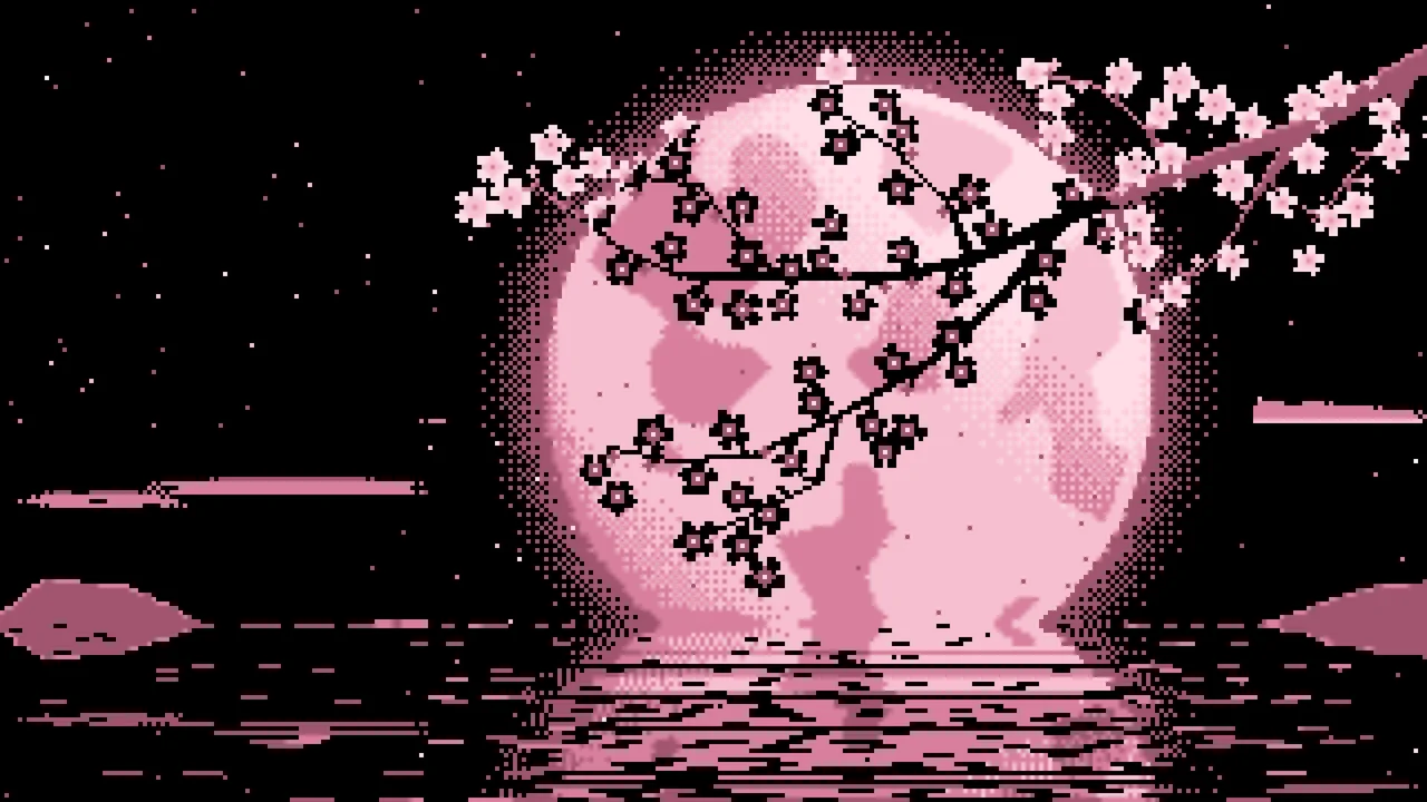 Light Pink Pixel Art Cherry Blossom Branch and Full Moon desktop wallpaper in 4K