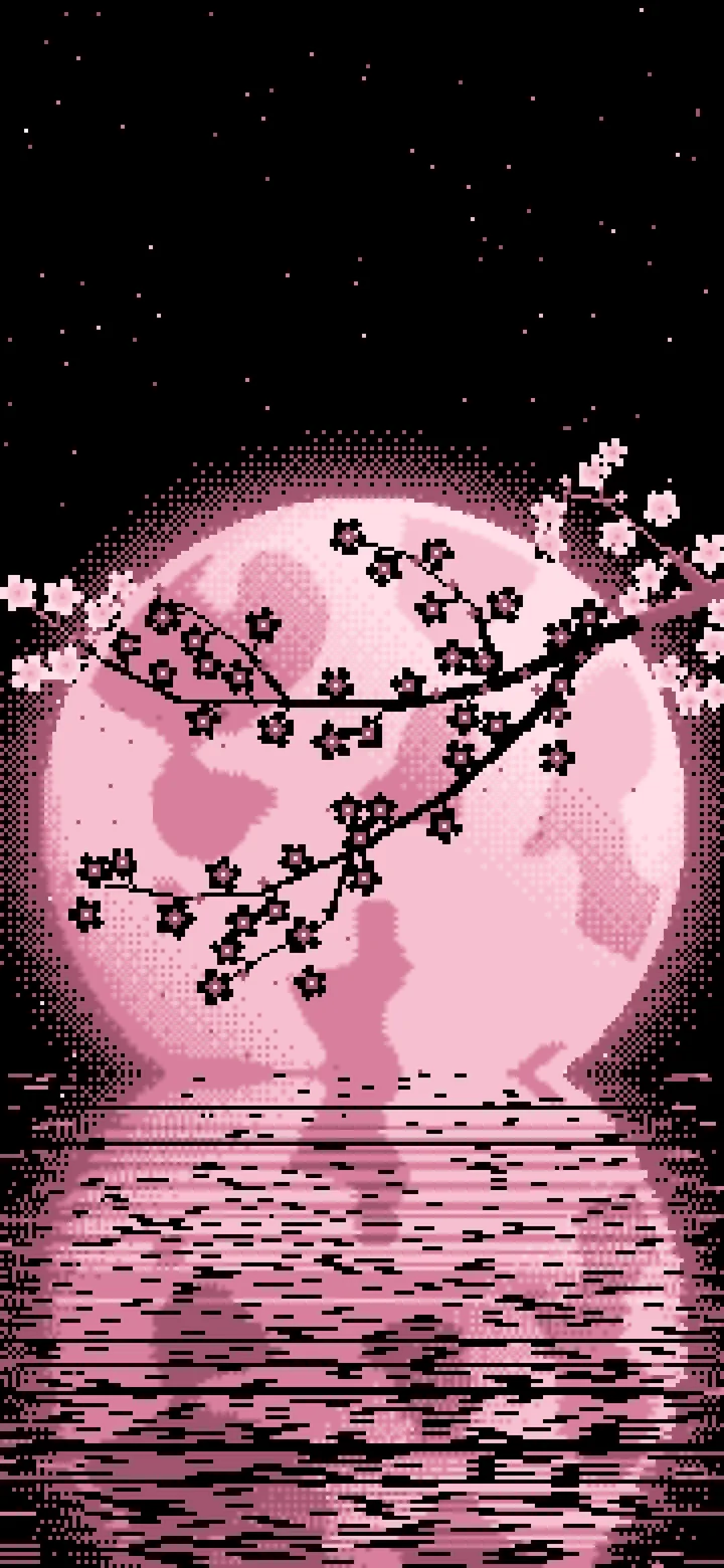 Light Pink Pixel Art Cherry Blossom Branch and Full Moon wallpaper for iPhone and Android