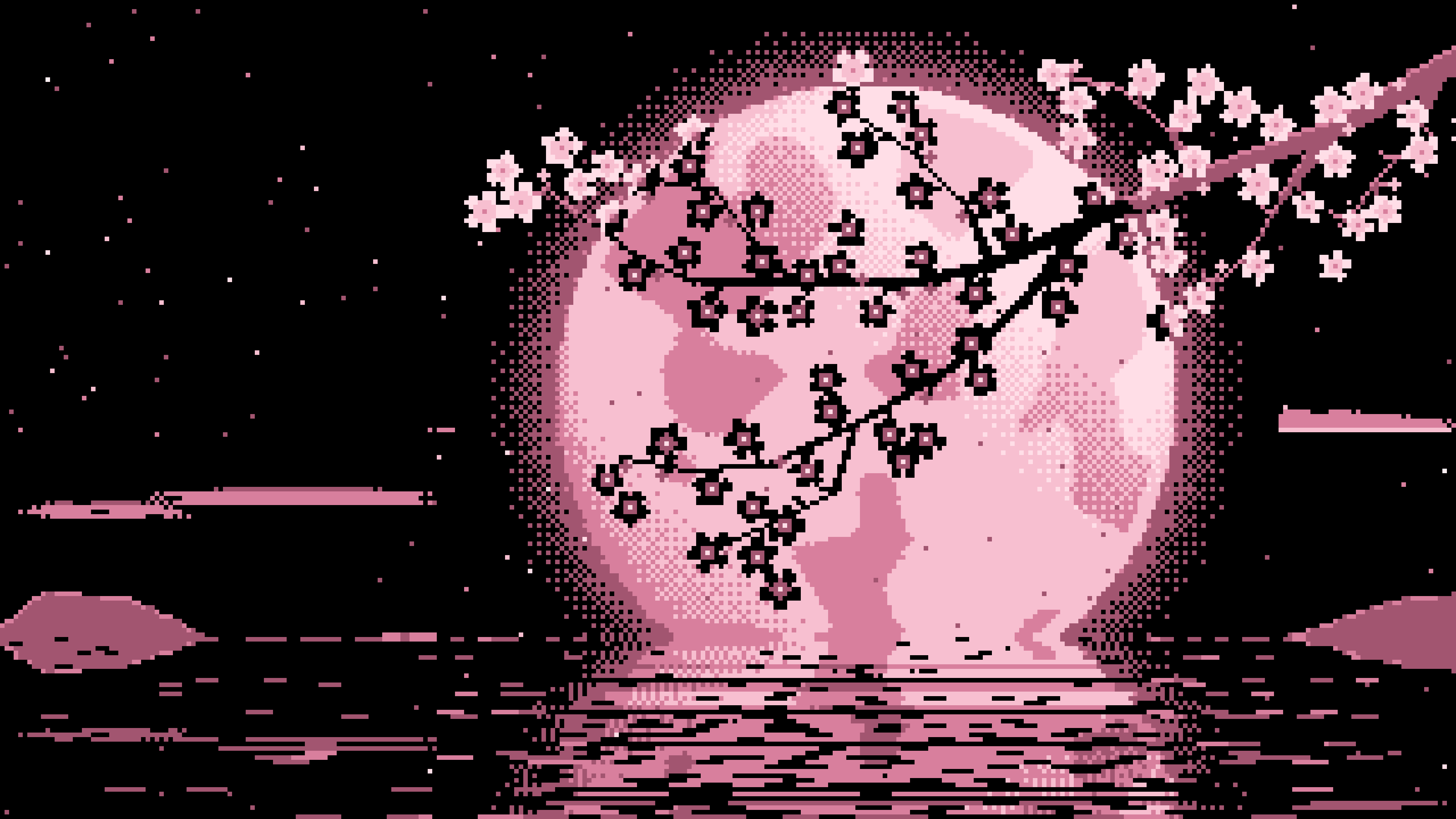 Light Pink Pixel Art Cherry Blossom Branch and Full Moon desktop wallpaper in 4K