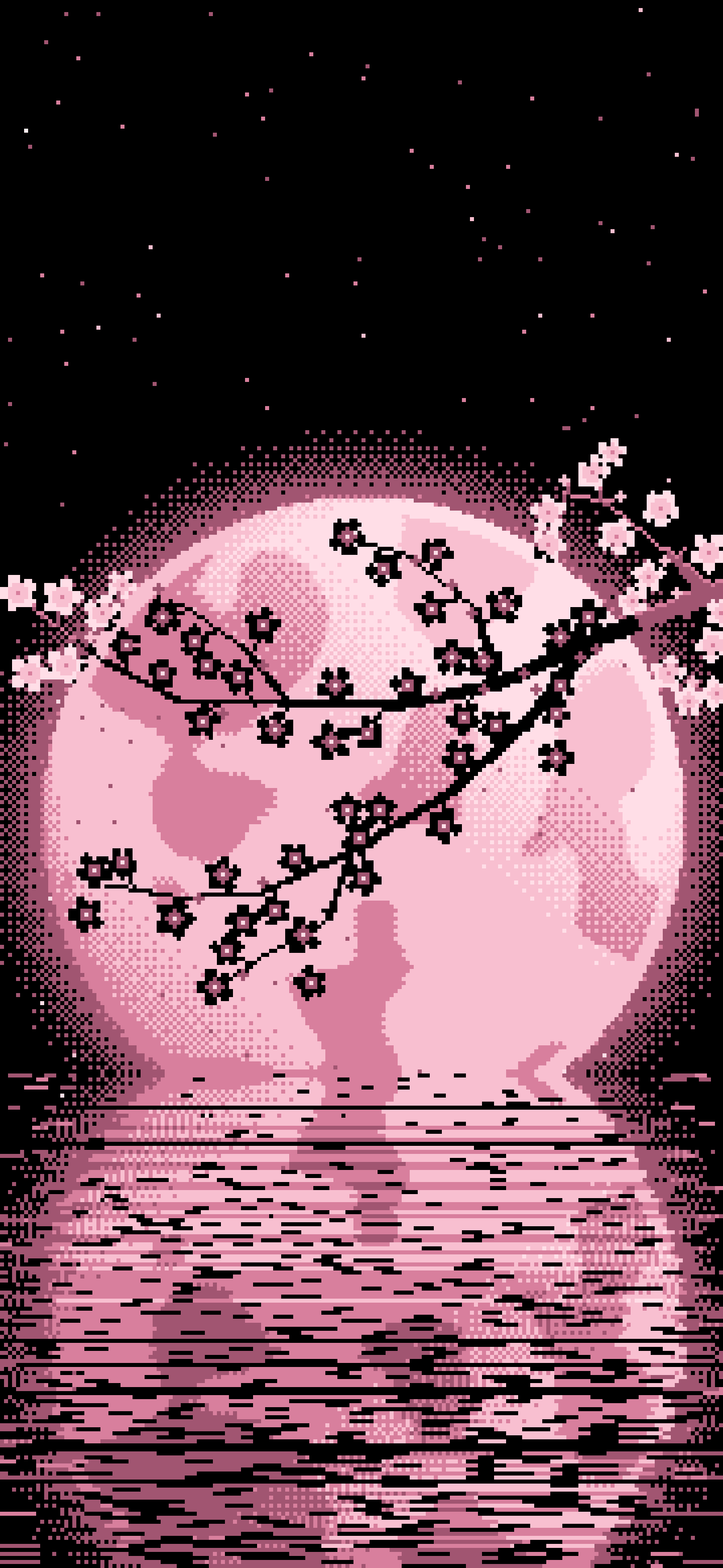 Light Pink Pixel Art Cherry Blossom Branch and Full Moon wallpaper for iPhone and Android