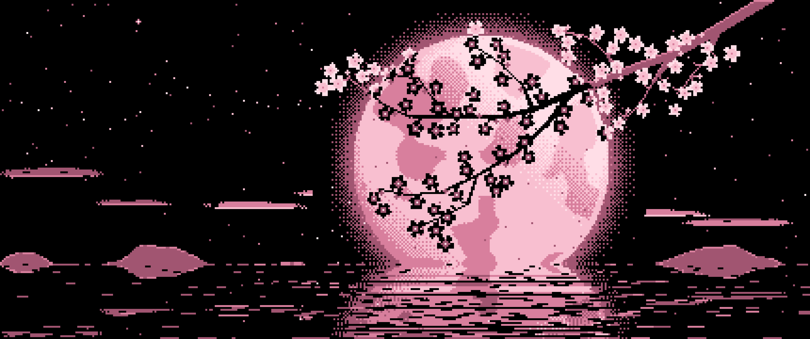 Light Pink Pixel Art Cherry Blossom Branch and Full Moon ultrawide wallpaper, 3440 × 1440