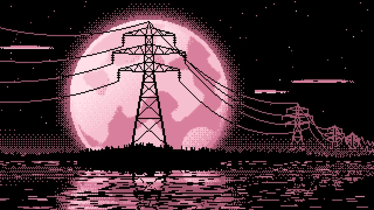 Light Pink Pixel Art Electricity Pylon and Full Moon desktop wallpaper in 4K