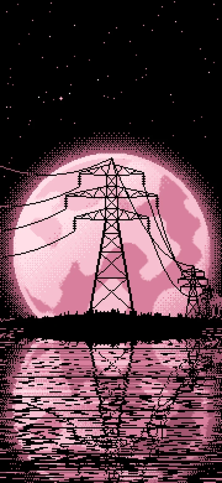 Light Pink Pixel Art Electricity Pylon and Full Moon wallpaper for iPhone and Android