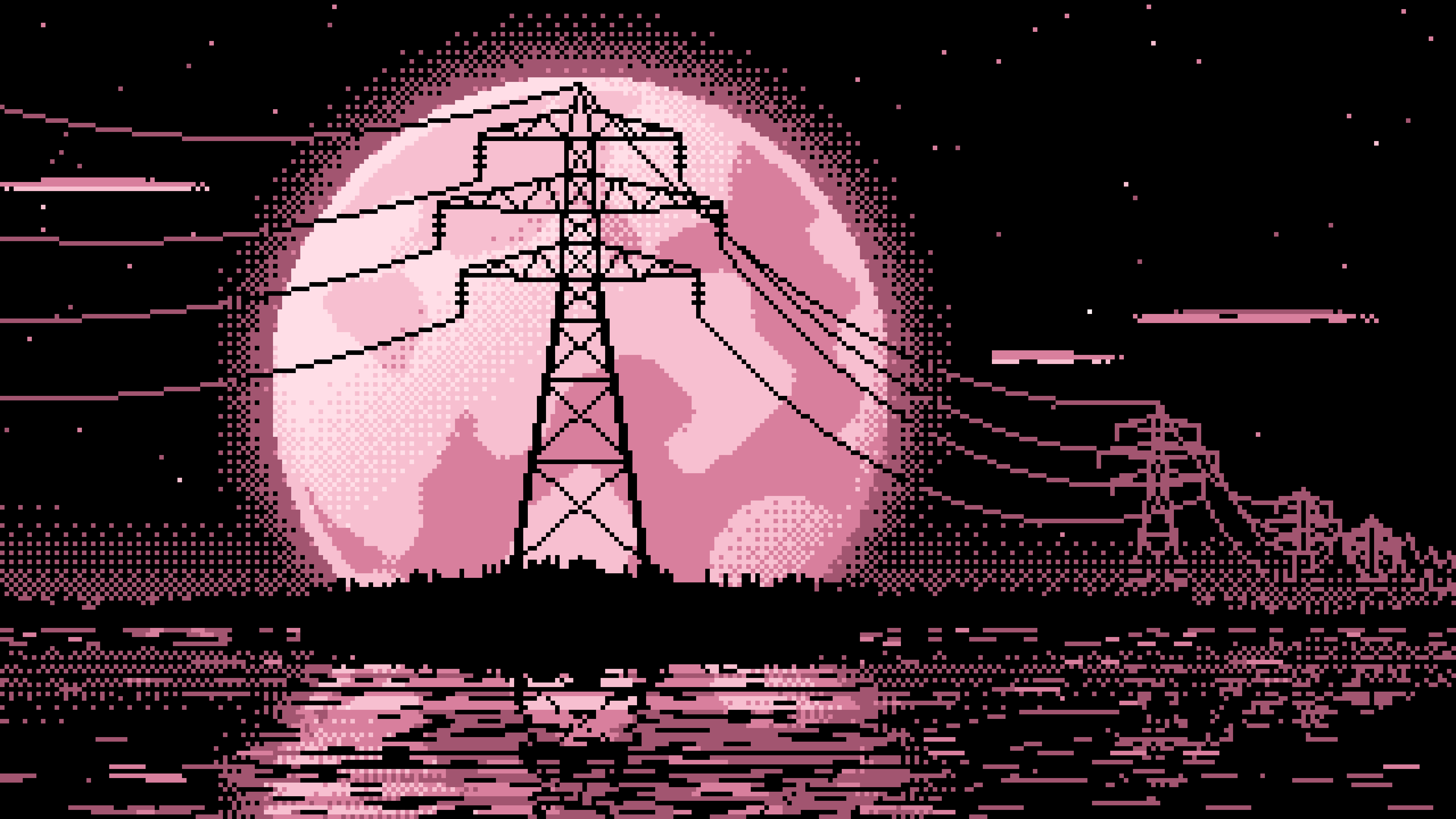 Light Pink Pixel Art Electricity Pylon and Full Moon desktop wallpaper in 4K