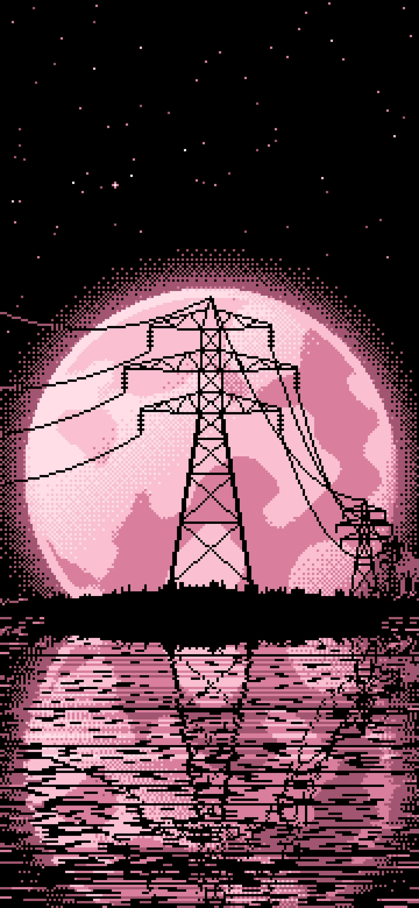 Light Pink Pixel Art Electricity Pylon and Full Moon wallpaper for iPhone and Android