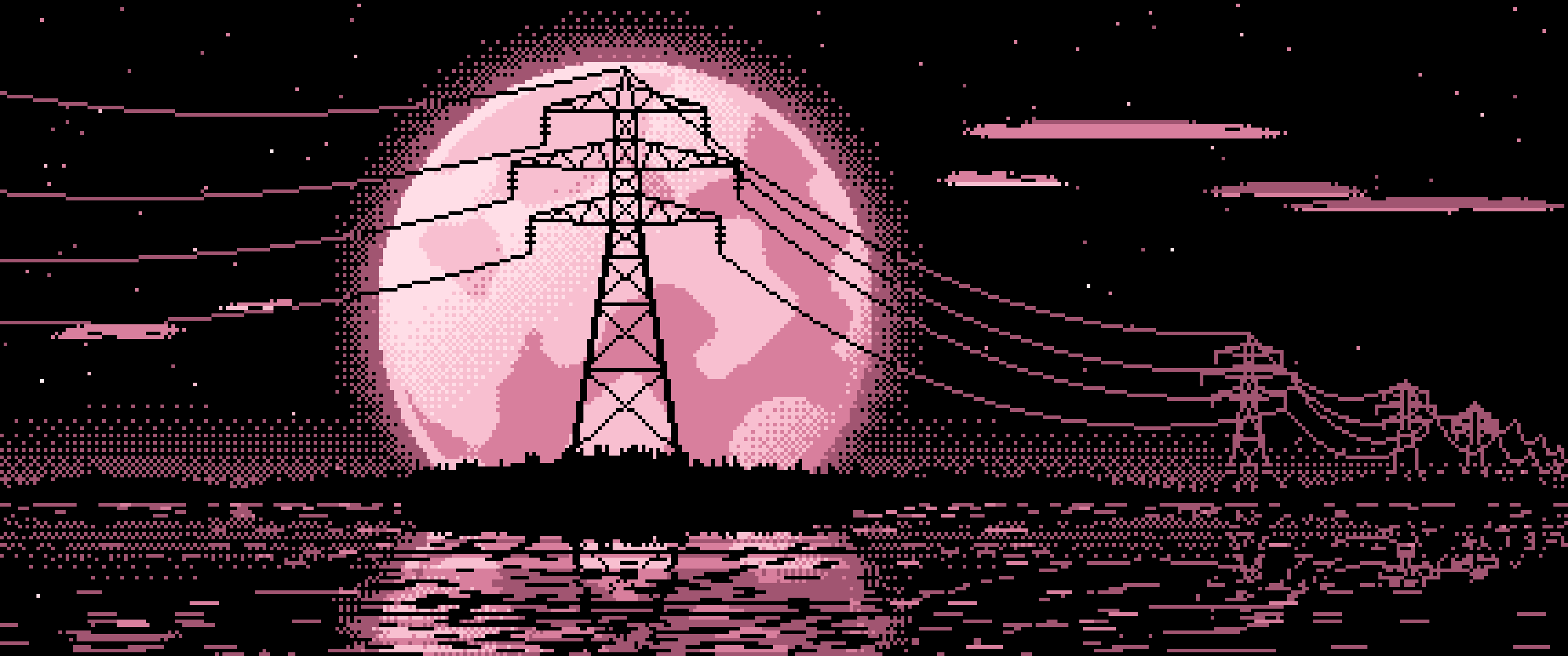 Light Pink Pixel Art Electricity Pylon and Full Moon ultrawide wallpaper, 3440 × 1440