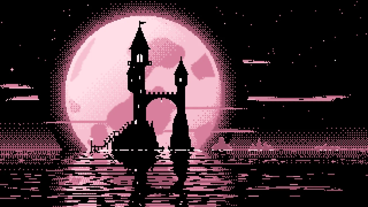 Light Pink Pixel Art Fantasy Wizard Tower and Full Moon desktop wallpaper in 4K