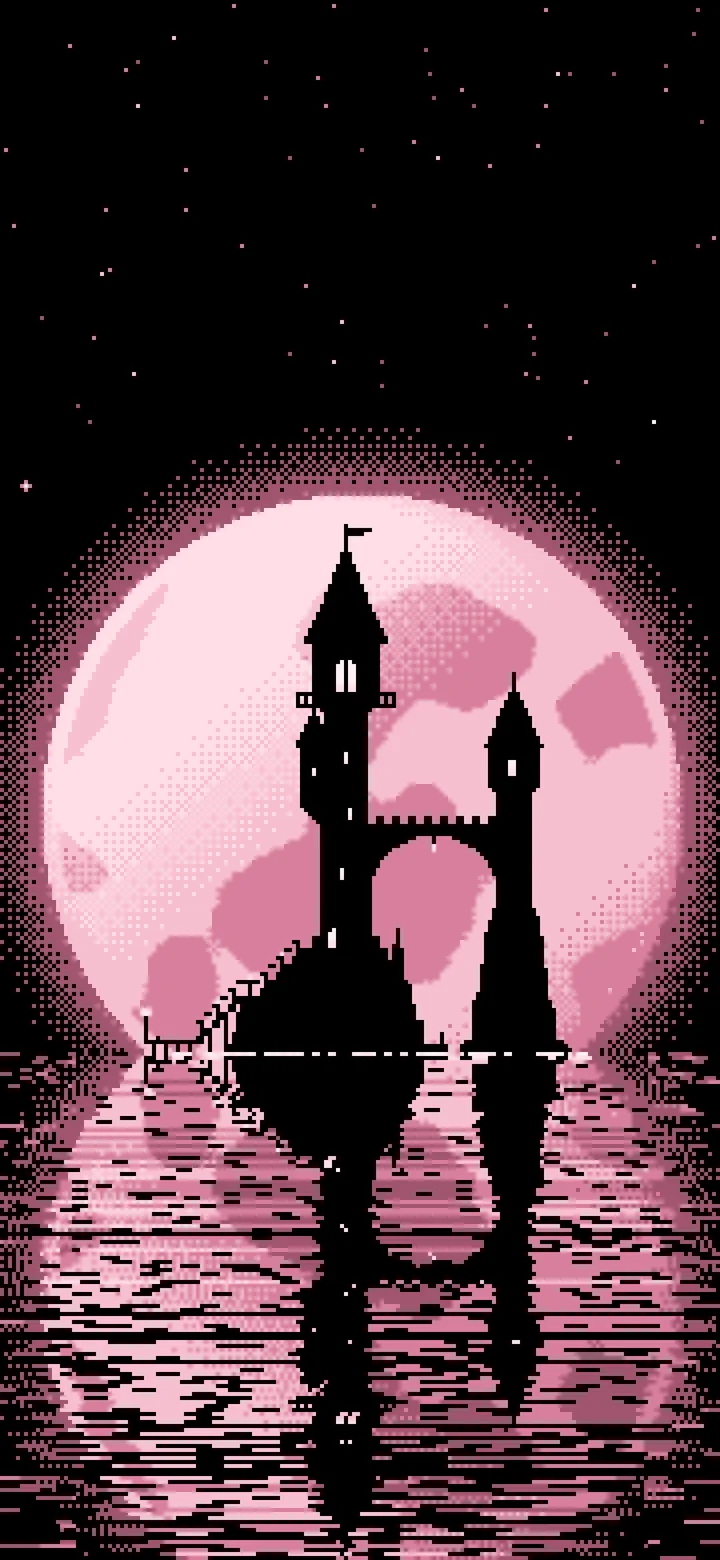 Light Pink Pixel Art Fantasy Wizard Tower and Full Moon wallpaper for iPhone and Android