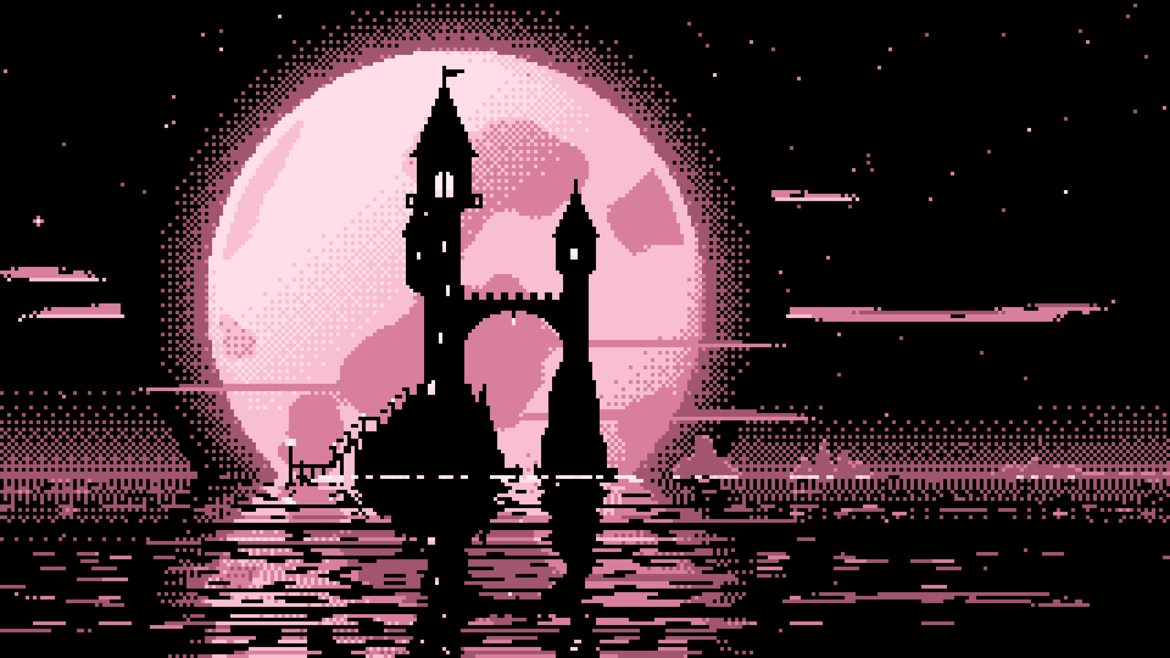 Light Pink Pixel Art Fantasy Wizard Tower and Full Moon desktop wallpaper in 4K
