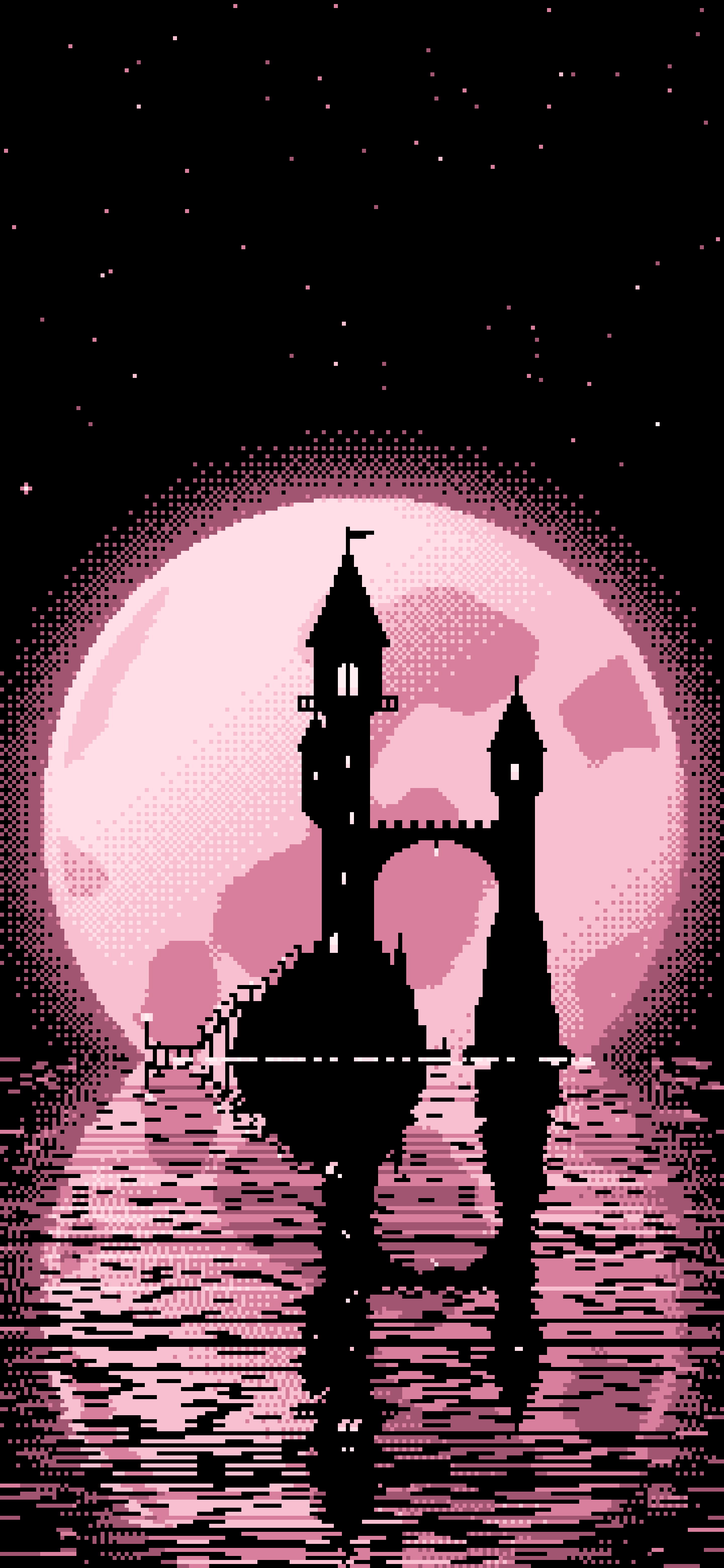Light Pink Pixel Art Fantasy Wizard Tower and Full Moon wallpaper for iPhone and Android