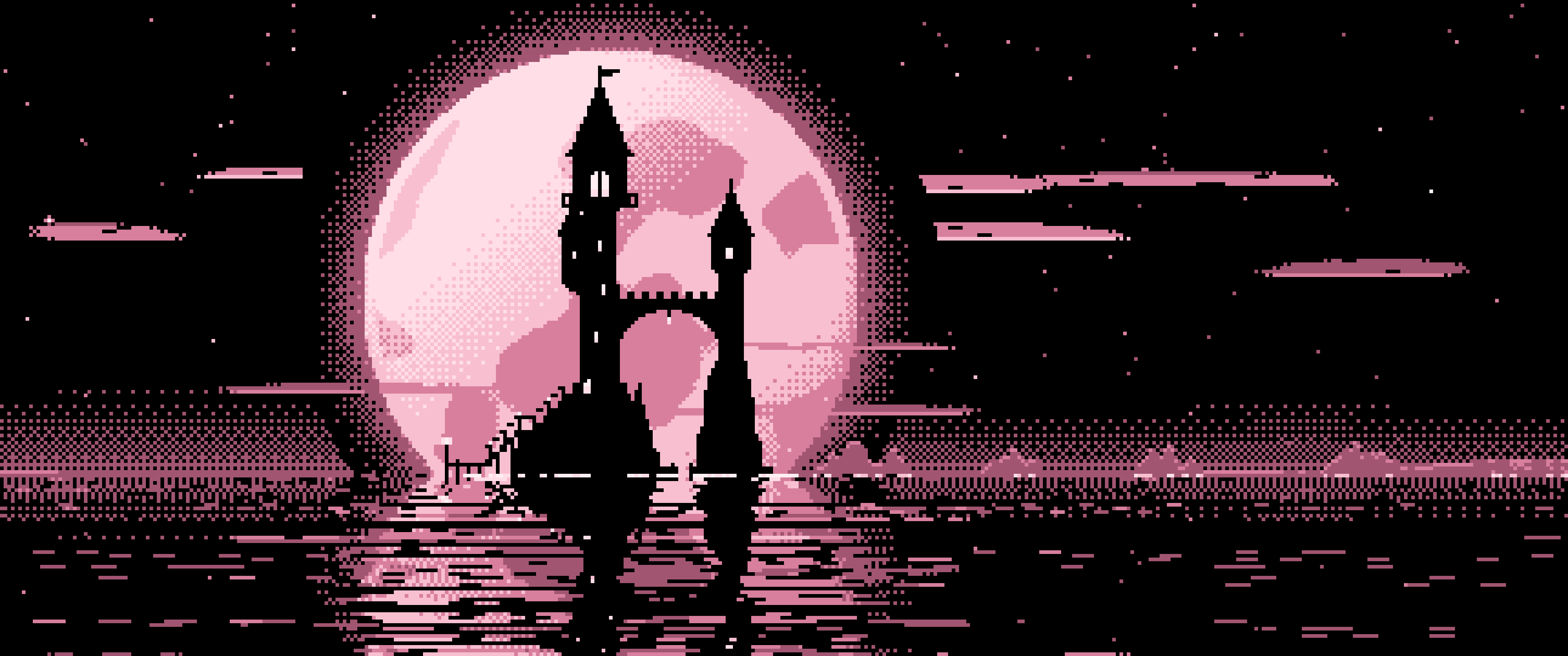 Light Pink Pixel Art Fantasy Wizard Tower and Full Moon ultrawide wallpaper, 3440 × 1440