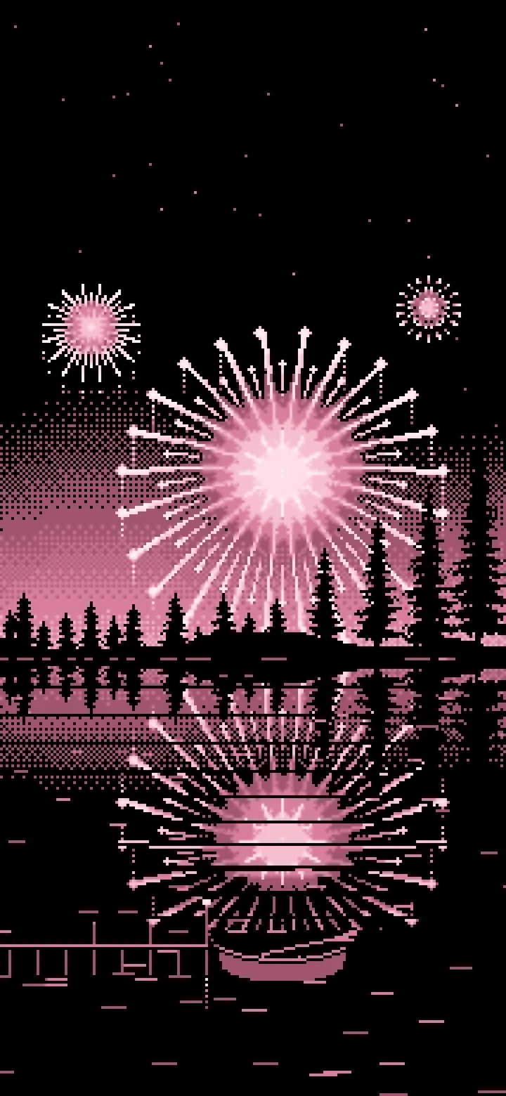 Light Pink Pixel Art Fireworks and Lake wallpaper for iPhone and Android