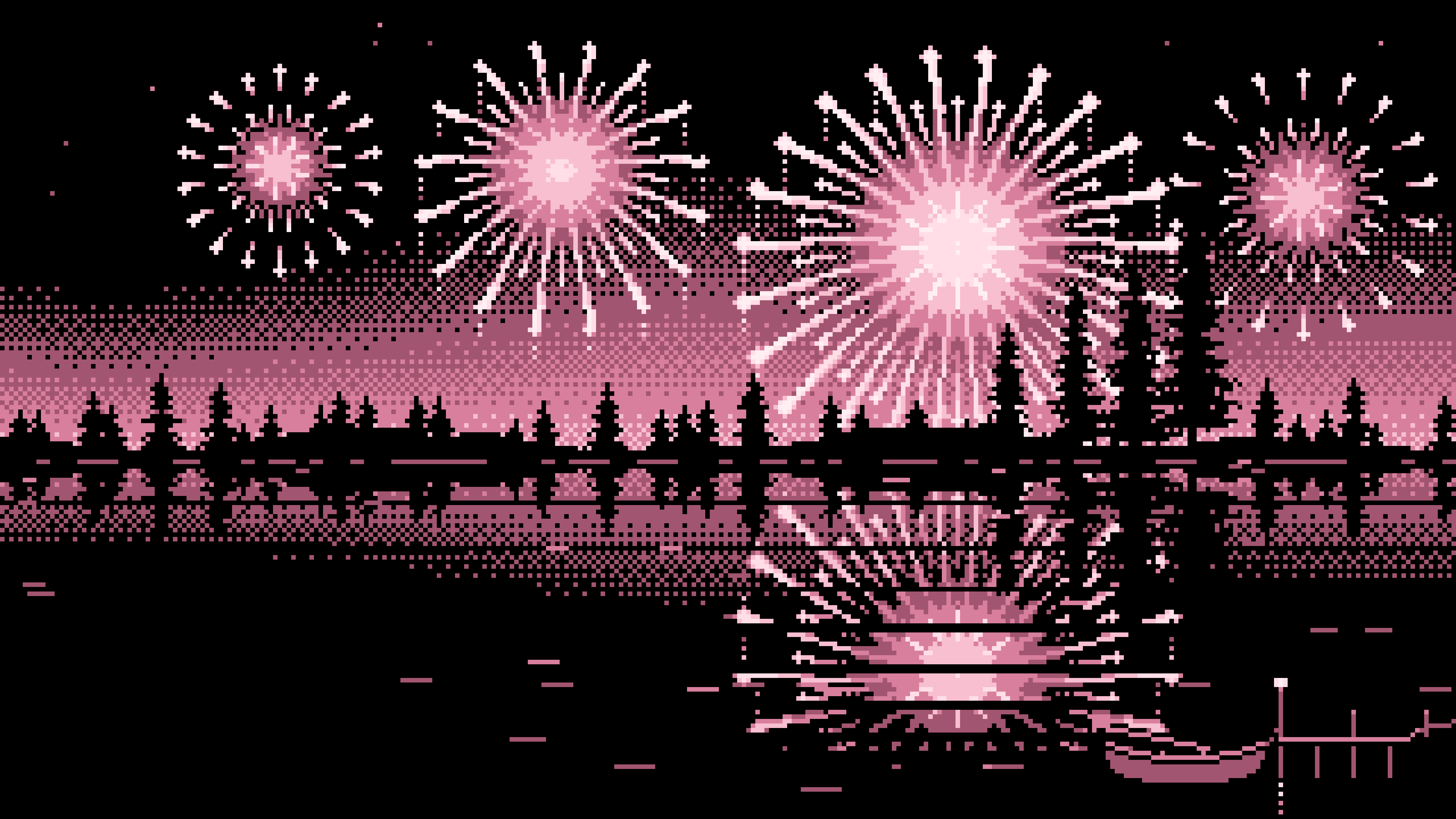 Light Pink Pixel Art Fireworks and Lake desktop wallpaper in 4K