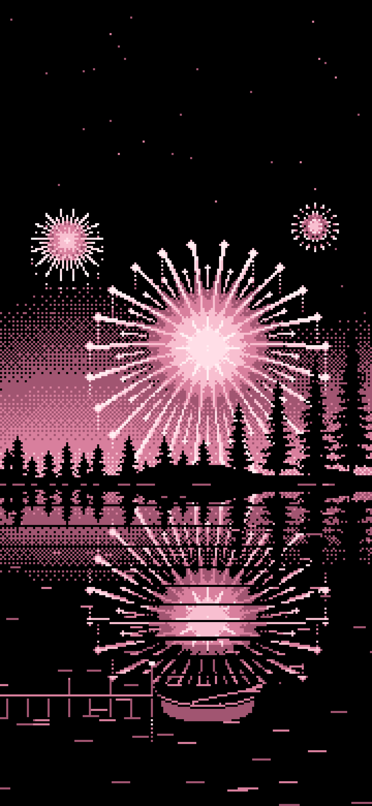 Light Pink Pixel Art Fireworks and Lake wallpaper for iPhone and Android