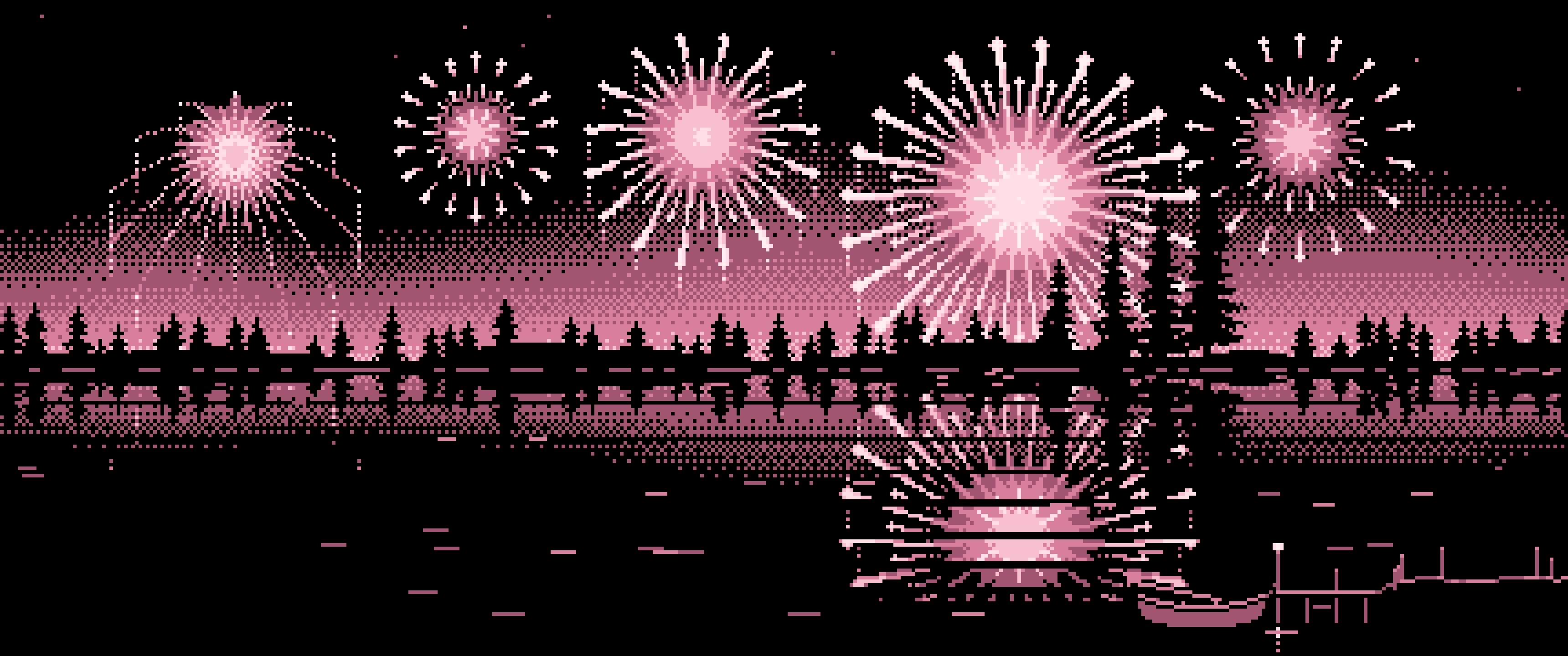 Light Pink Pixel Art Fireworks and Lake ultrawide wallpaper, 3440 × 1440