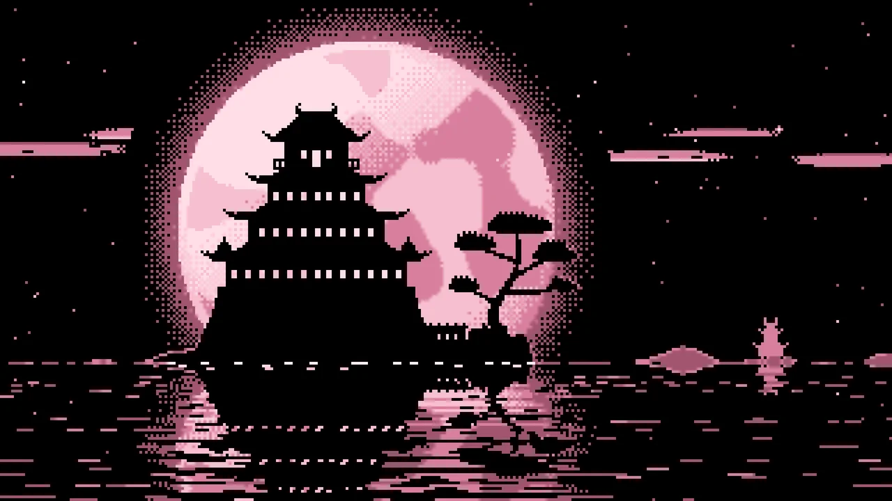 Light Pink Pixel Art Japanese Castle and Full Moon desktop wallpaper in 4K