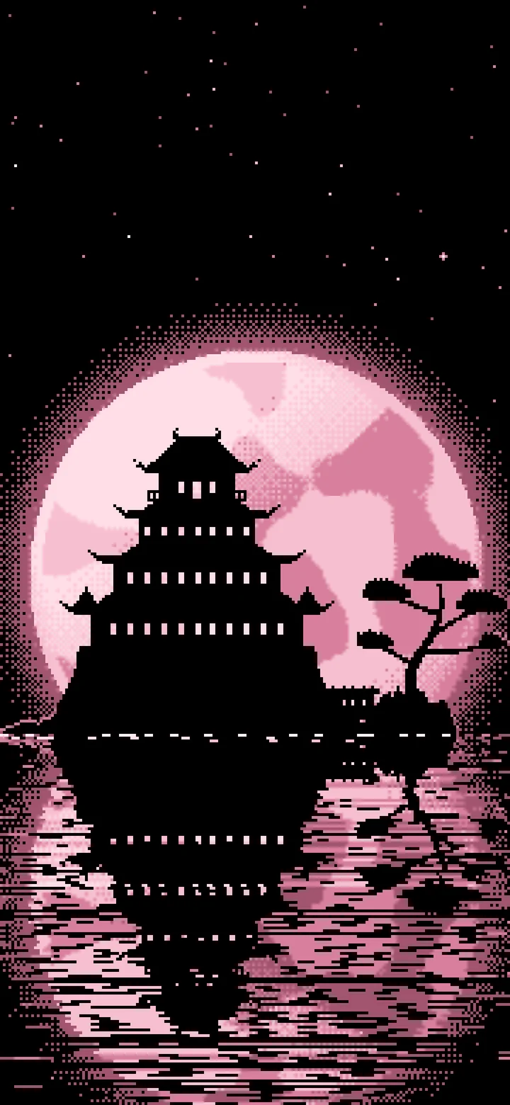 Light Pink Pixel Art Japanese Castle and Full Moon wallpaper for iPhone and Android