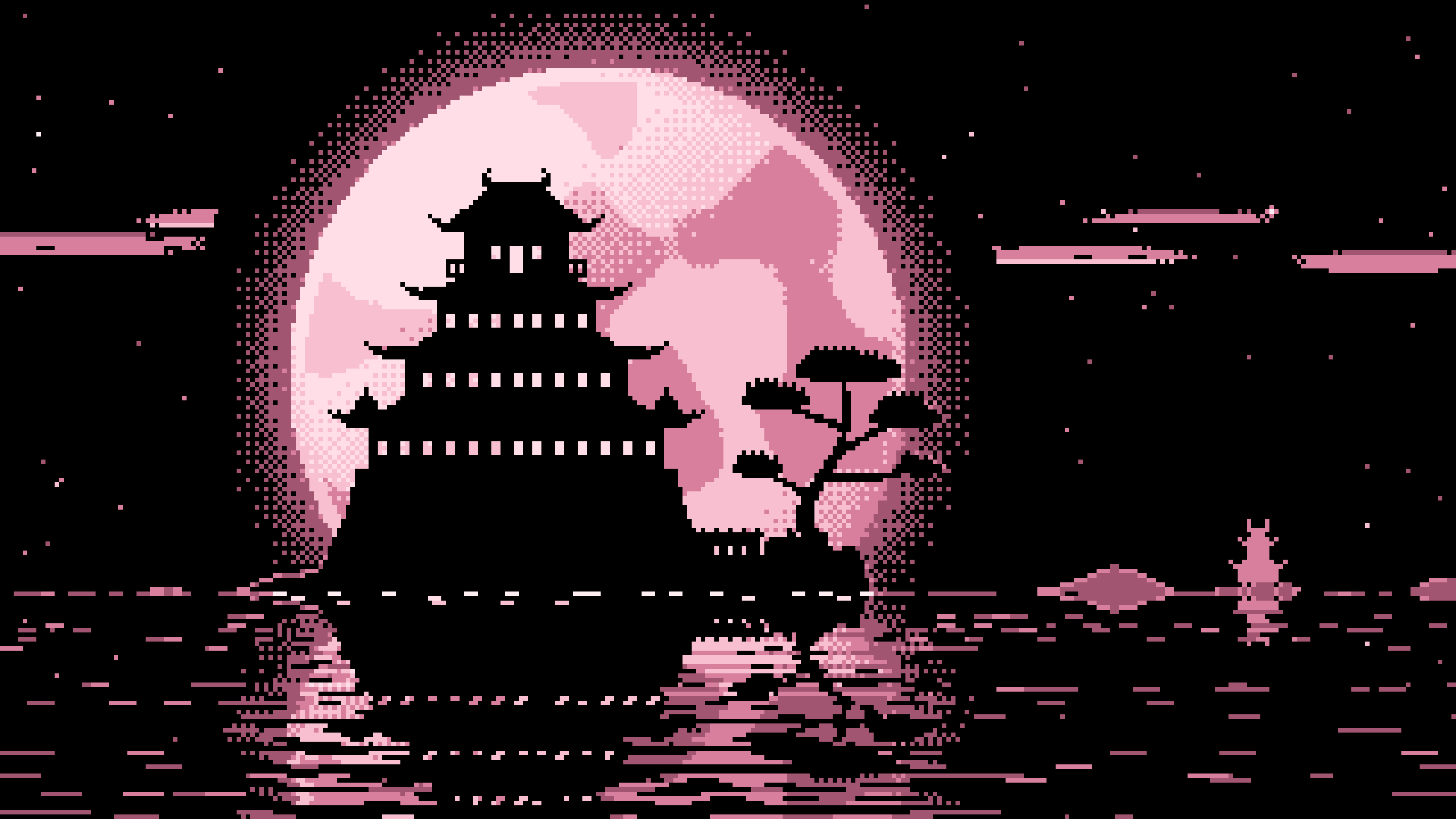 Light Pink Pixel Art Japanese Castle and Full Moon desktop wallpaper in 4K