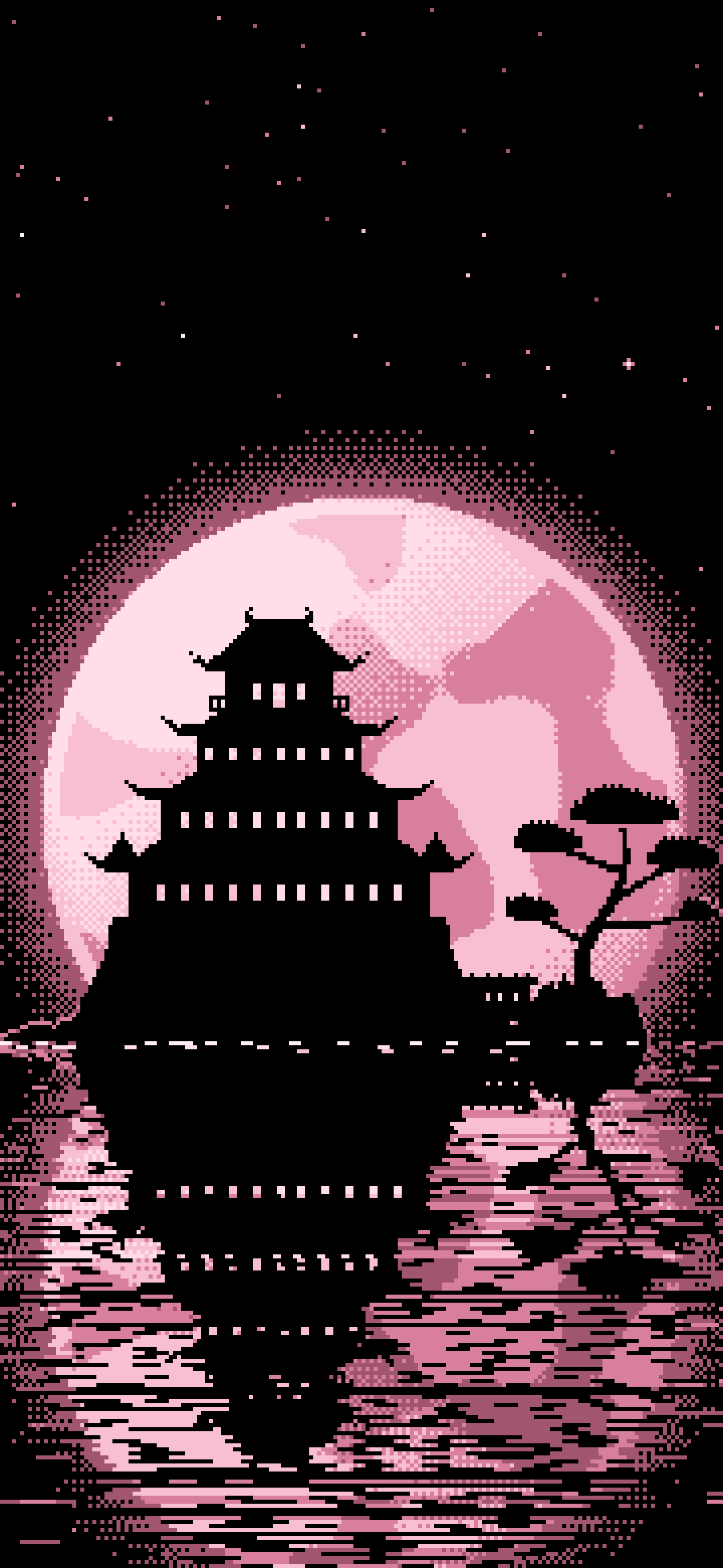 Light Pink Pixel Art Japanese Castle and Full Moon wallpaper for iPhone and Android
